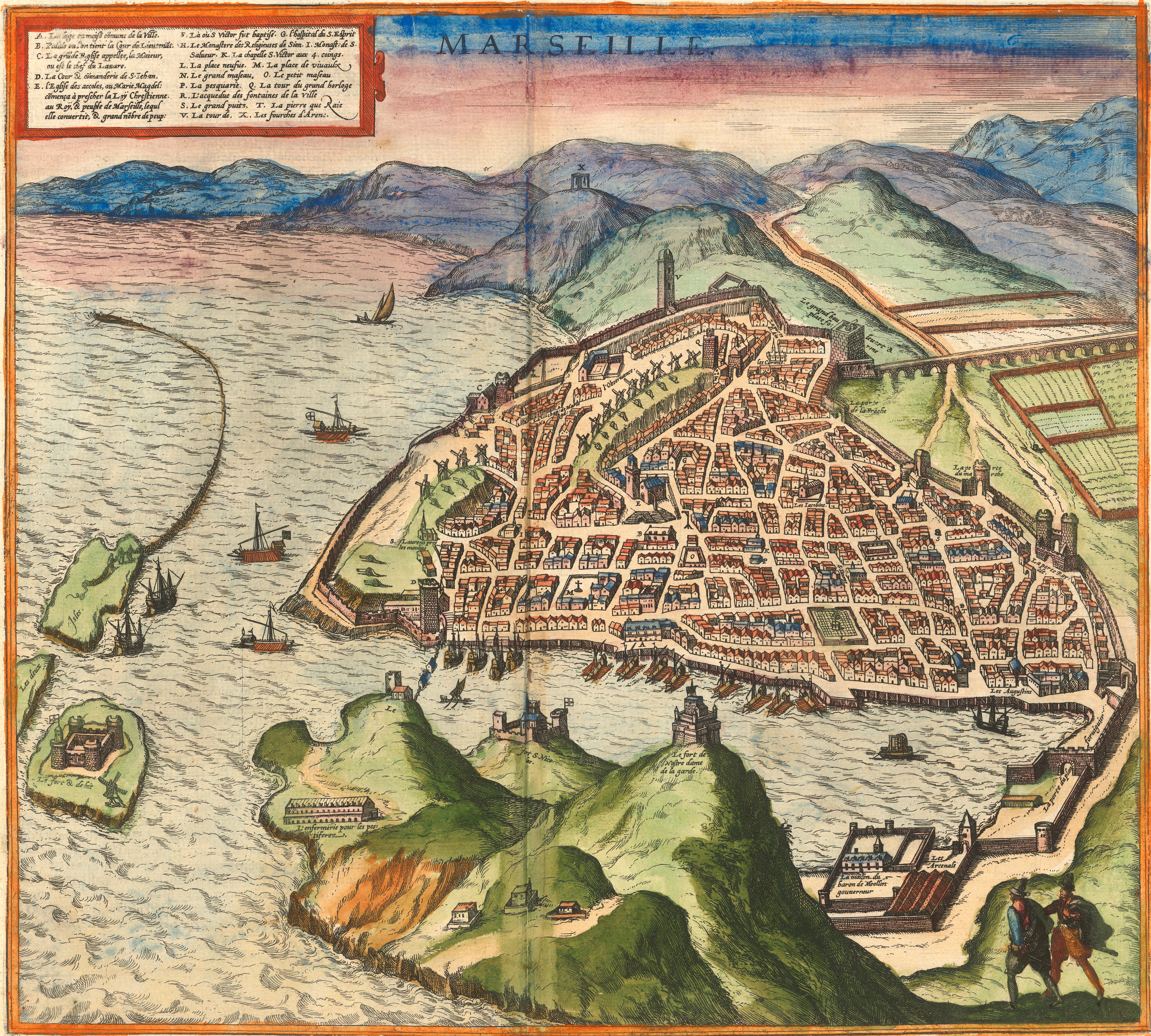 Braun and Hogenberg's engraved view of Marseille situates the controversy in the urban and ecclesiastical landscape Launoy scrutinized: the harbor city is mapped with a printed key that marks a site tied to Mary Magdalene's local cult. Against Launoy's demand for documentary priority over late Provençal testimony, the view shows how visibly that tradition could be embedded in the city's devotional self-representation.