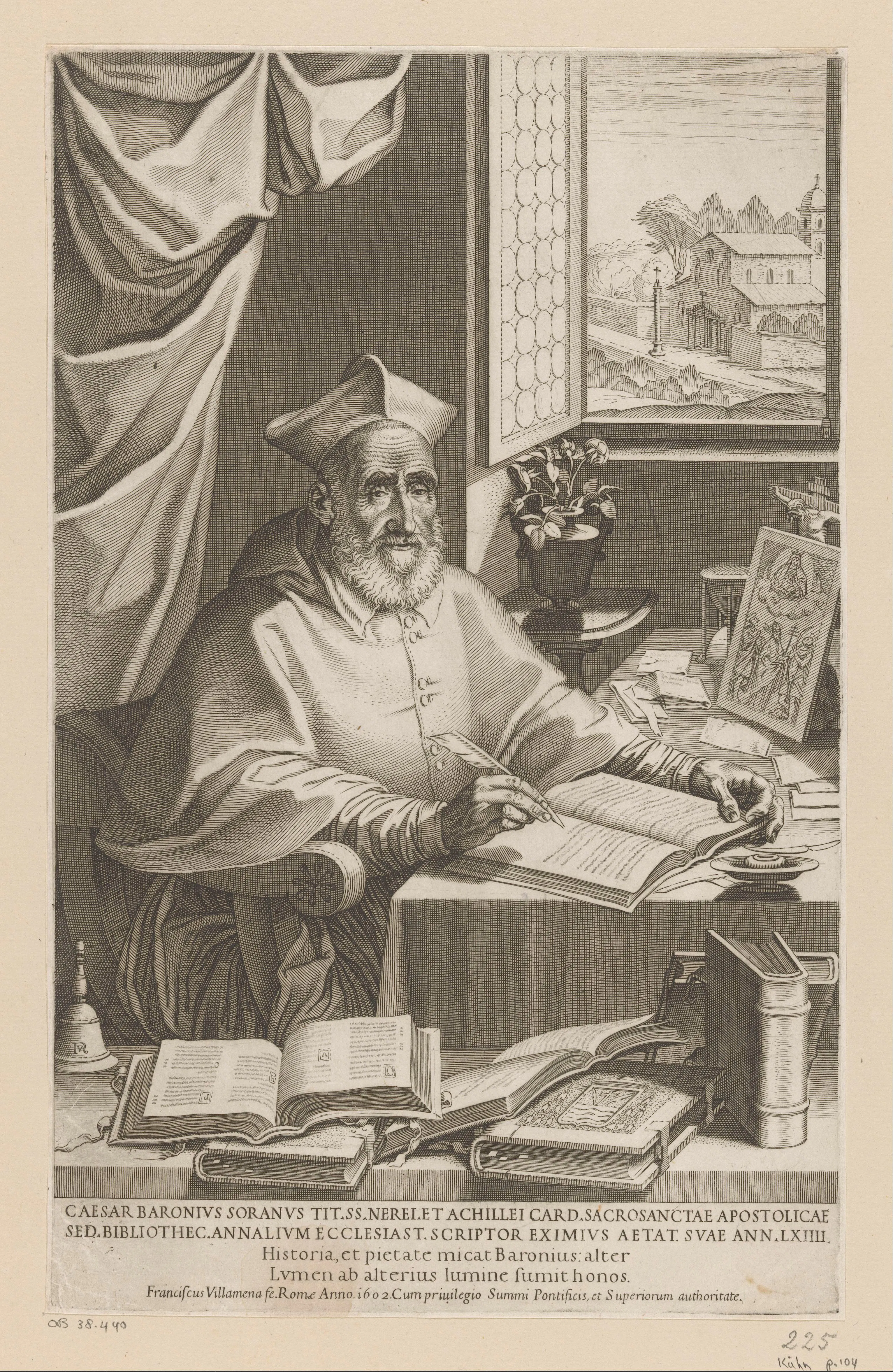 Francesco Villamena's 1602 engraving of Cardinal Cesare Baronio, shown in a scholar's study among books and devotional objects, with a view toward Santi Nereo e Achilleo in Rome.