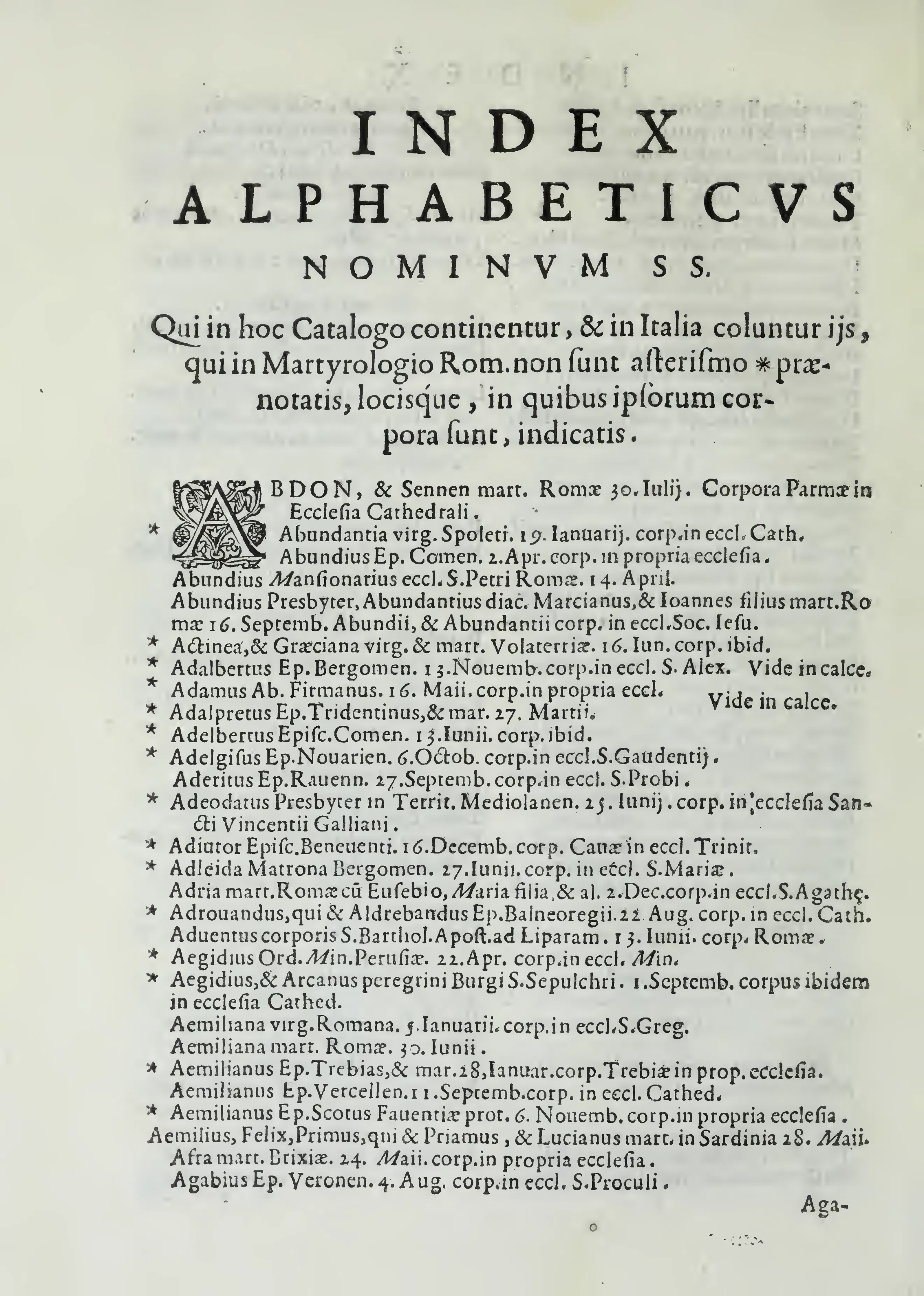 The opening leaf of the INDEX ALPHABETICVS NOMINVM SS., where names are alphabetized beneath a decorated initial.
