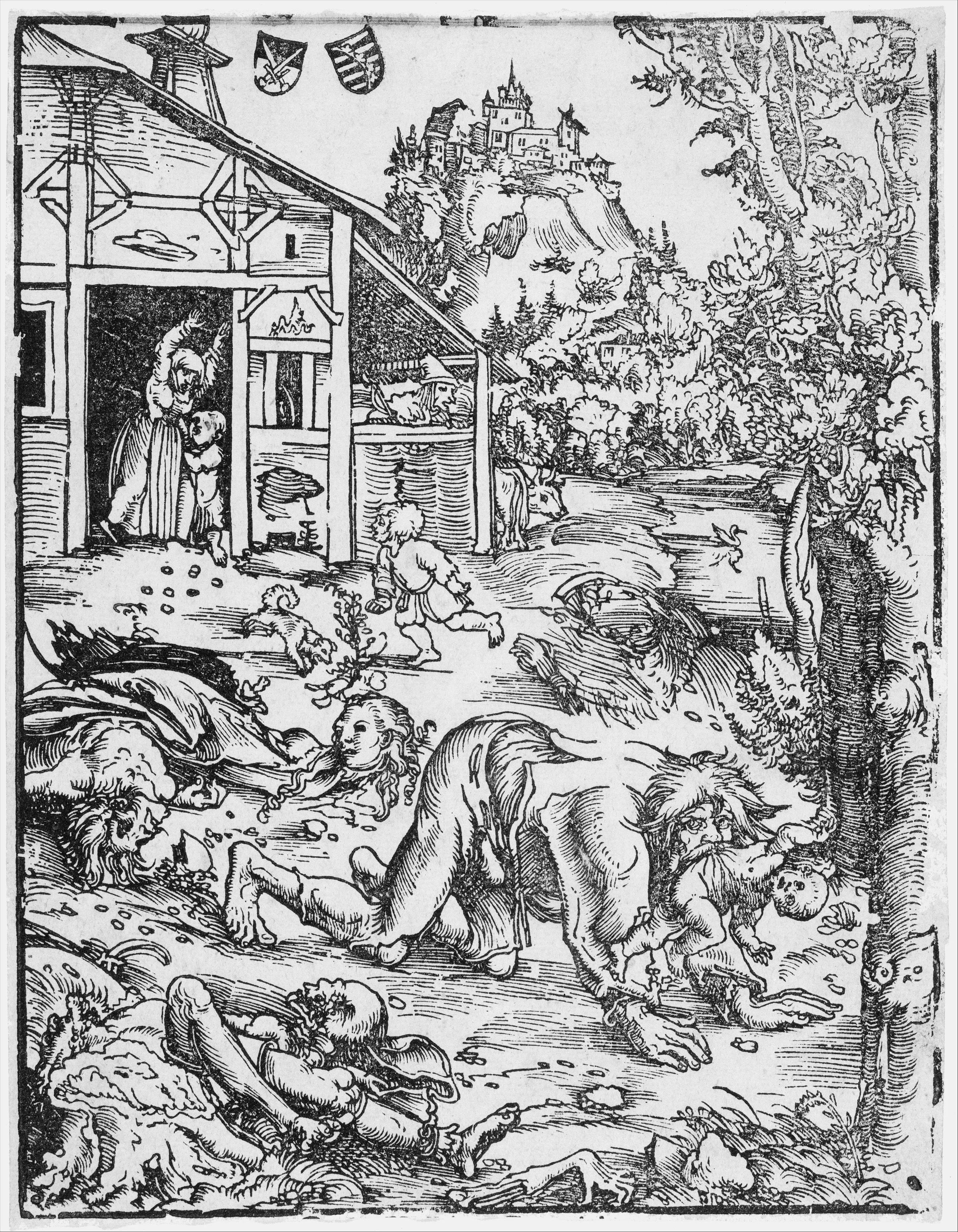 Lucas Cranach's early-sixteenth-century woodcut of the wolf-man, a savage human figure amid dismembered victims and a distant settlement.