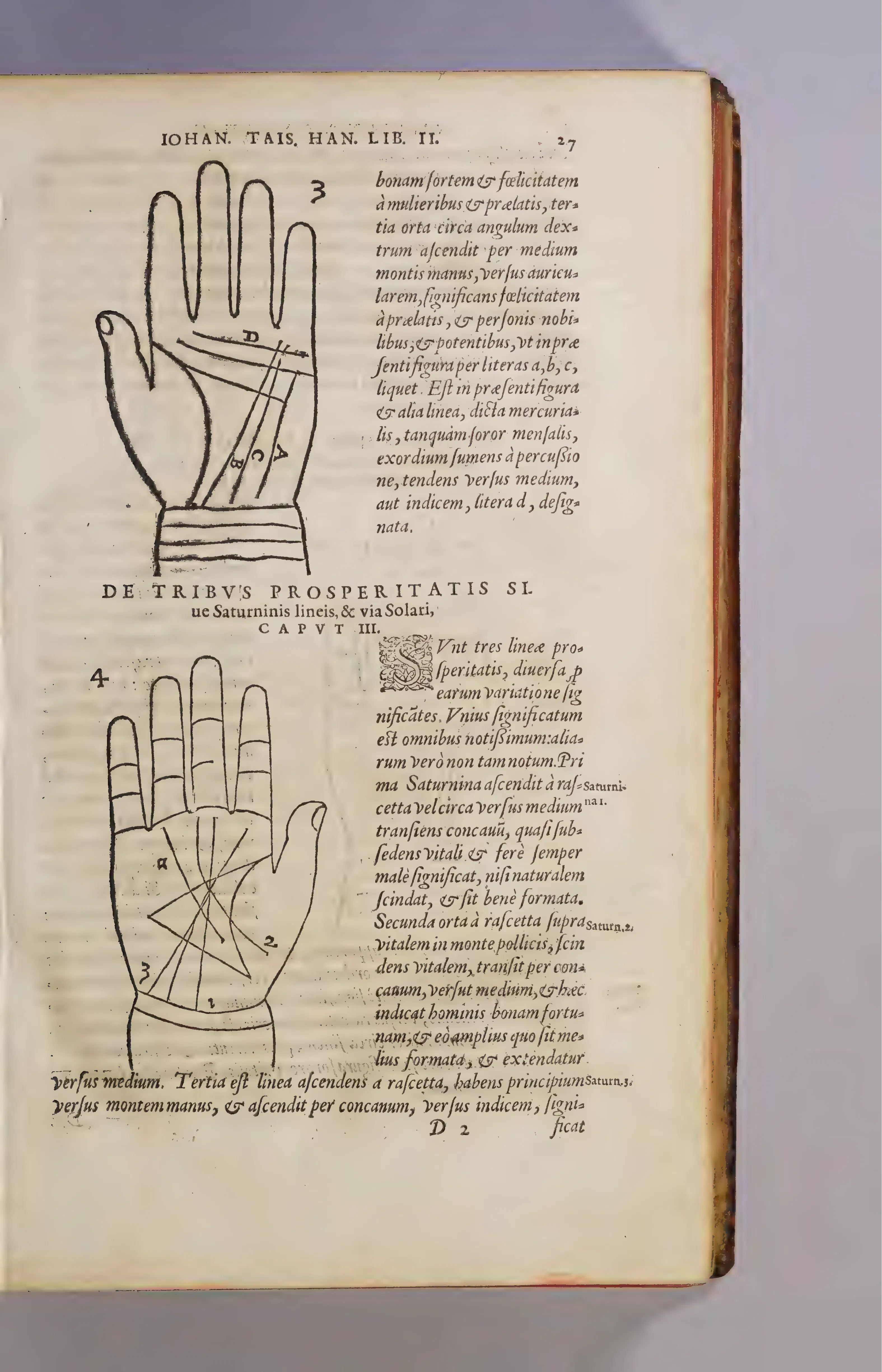 Two keyed woodcut palms make Taisnier's planetary taxonomy of the hand usable as a rule-system.