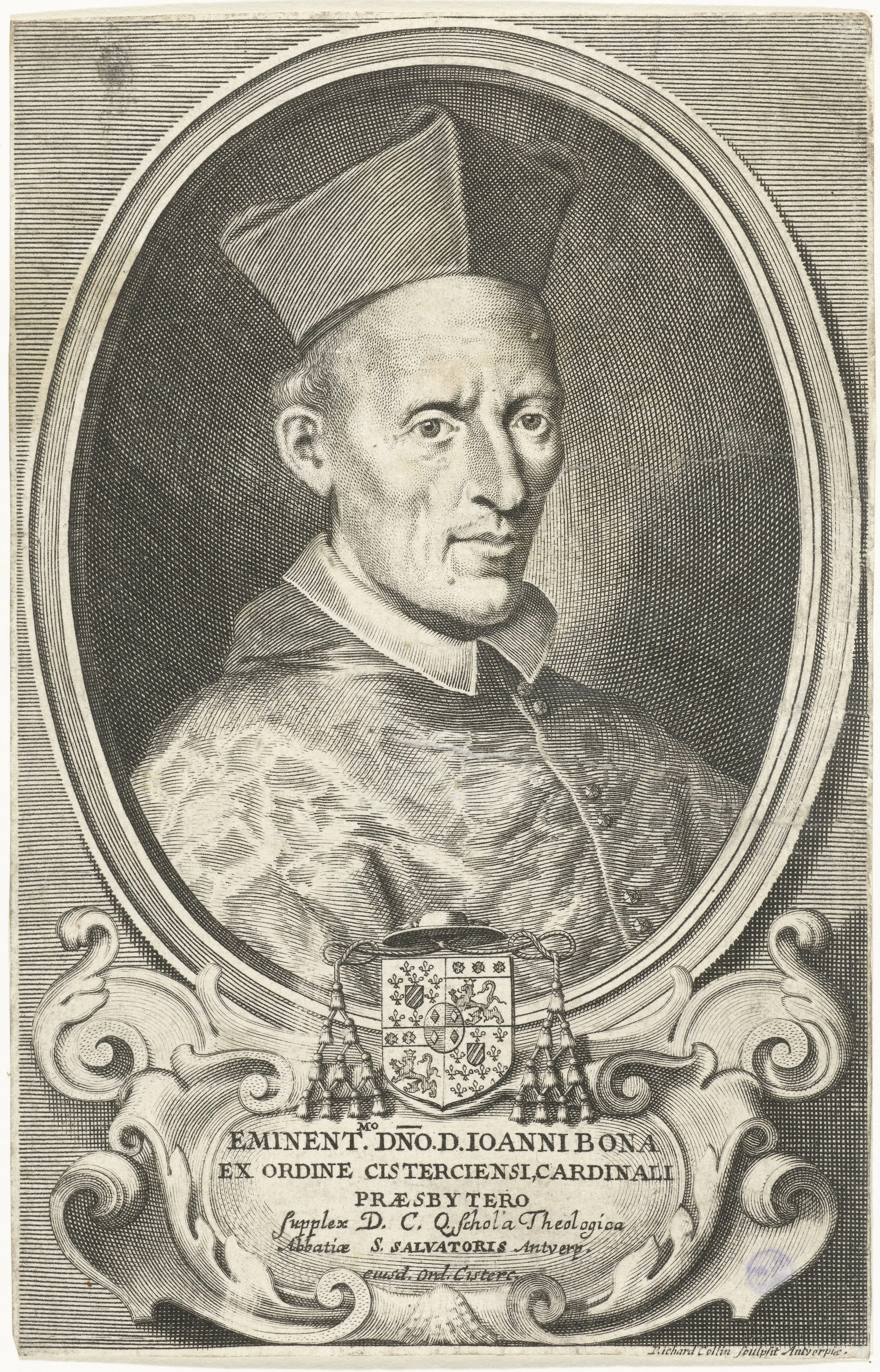 An engraved portrait of Giovanni Bona as cardinal, identified by inscription and by his Cistercian affiliation. It presents the liturgical scholar in the formal idiom of ecclesiastical authority — the same institutional world whose worship he subjected to historical scrutiny.
