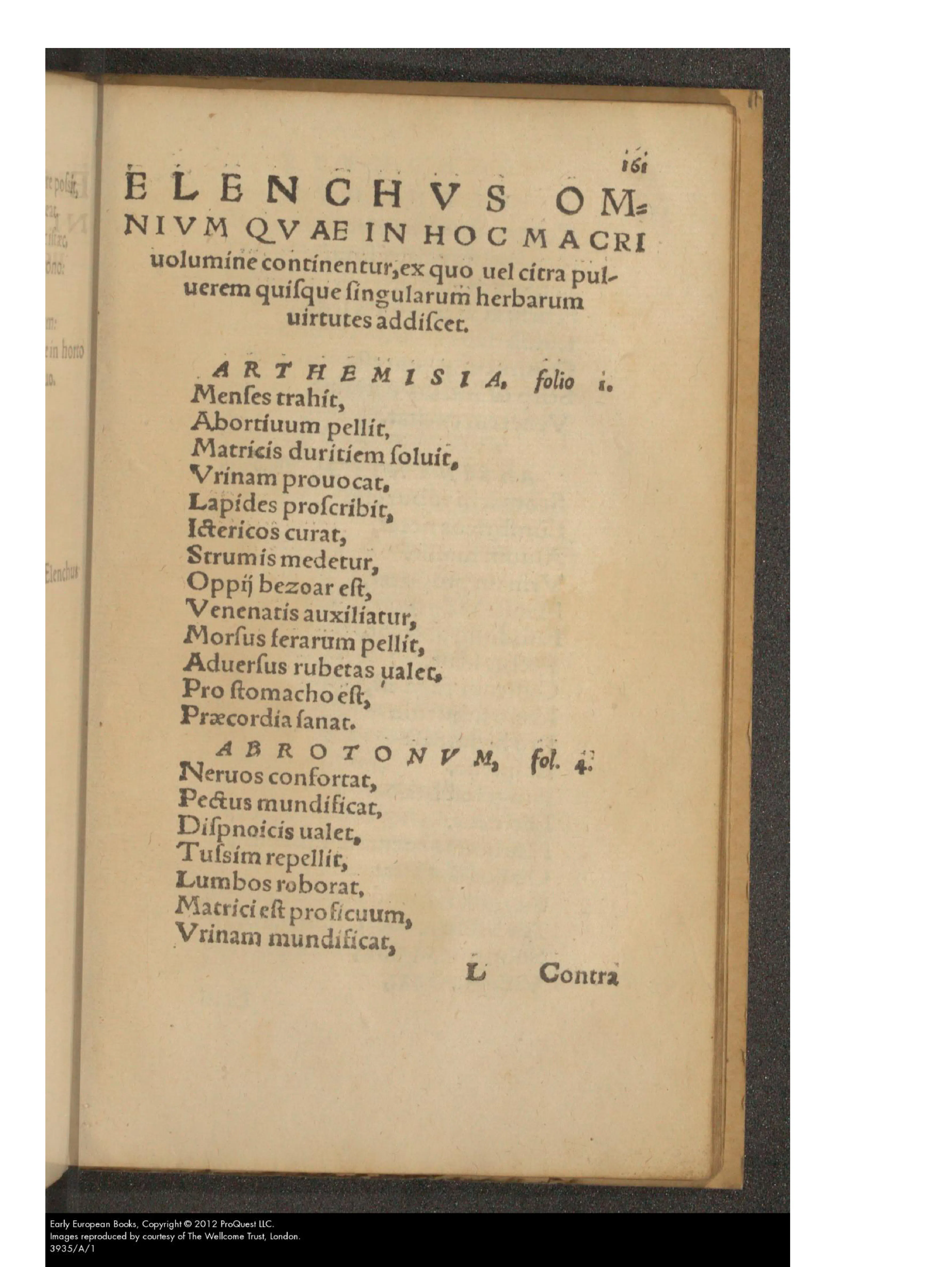 The terminal *elenchus* delivers the promised apparatus as a working page: alphabetized entries for ARTHEMISIA and ABROTONVM itemize therapeutic uses so that a reader may learn herbal virtues “uel citra puluerem,” even without the powder — the old poem made a searchable storehouse for consultation rather than admiration.