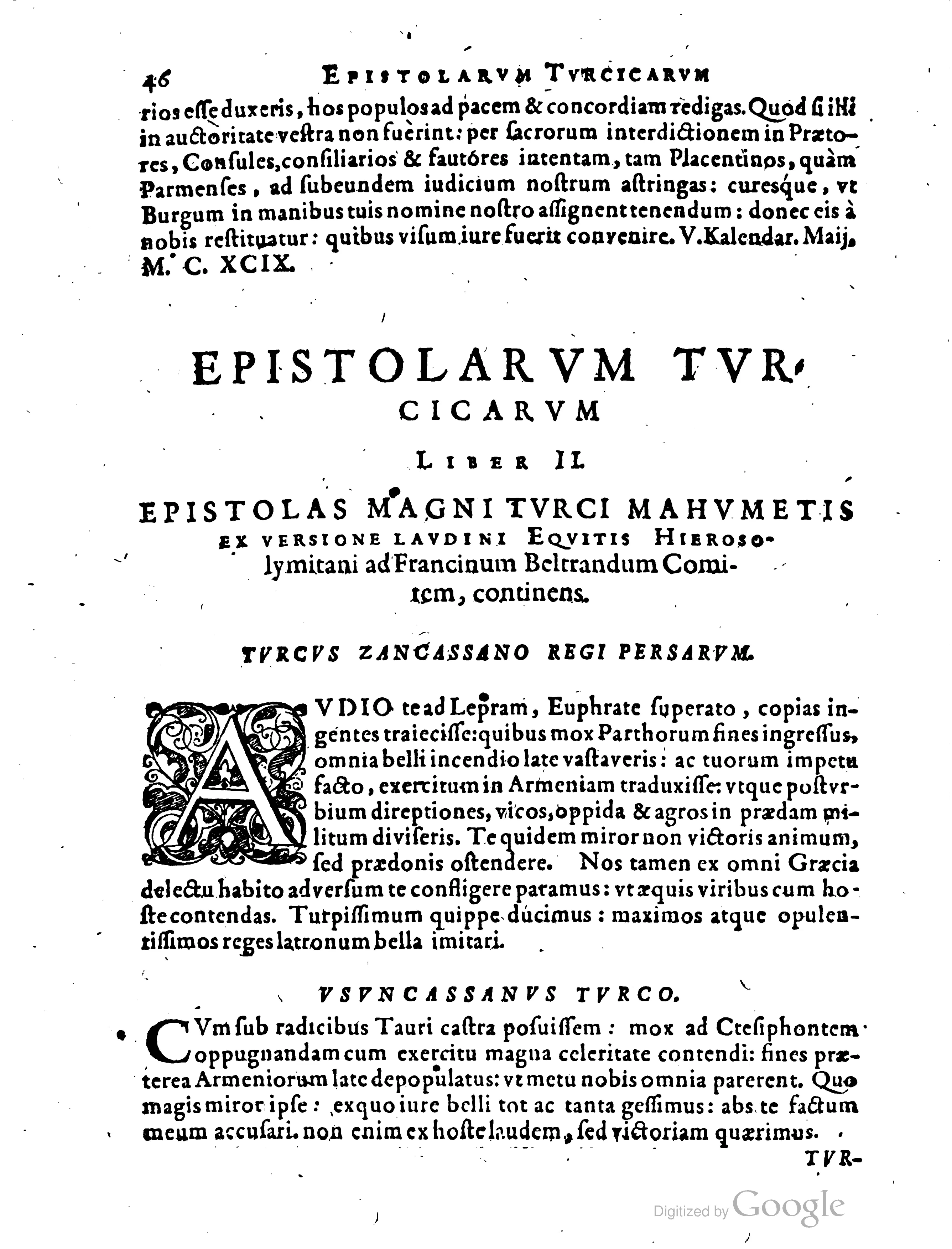 At the opening of Liber II, the display heading and subtitle naming Laudivius's version of Mehmed's letters announce the turn from documentary prose to a humanist fiction presented in documentary form.