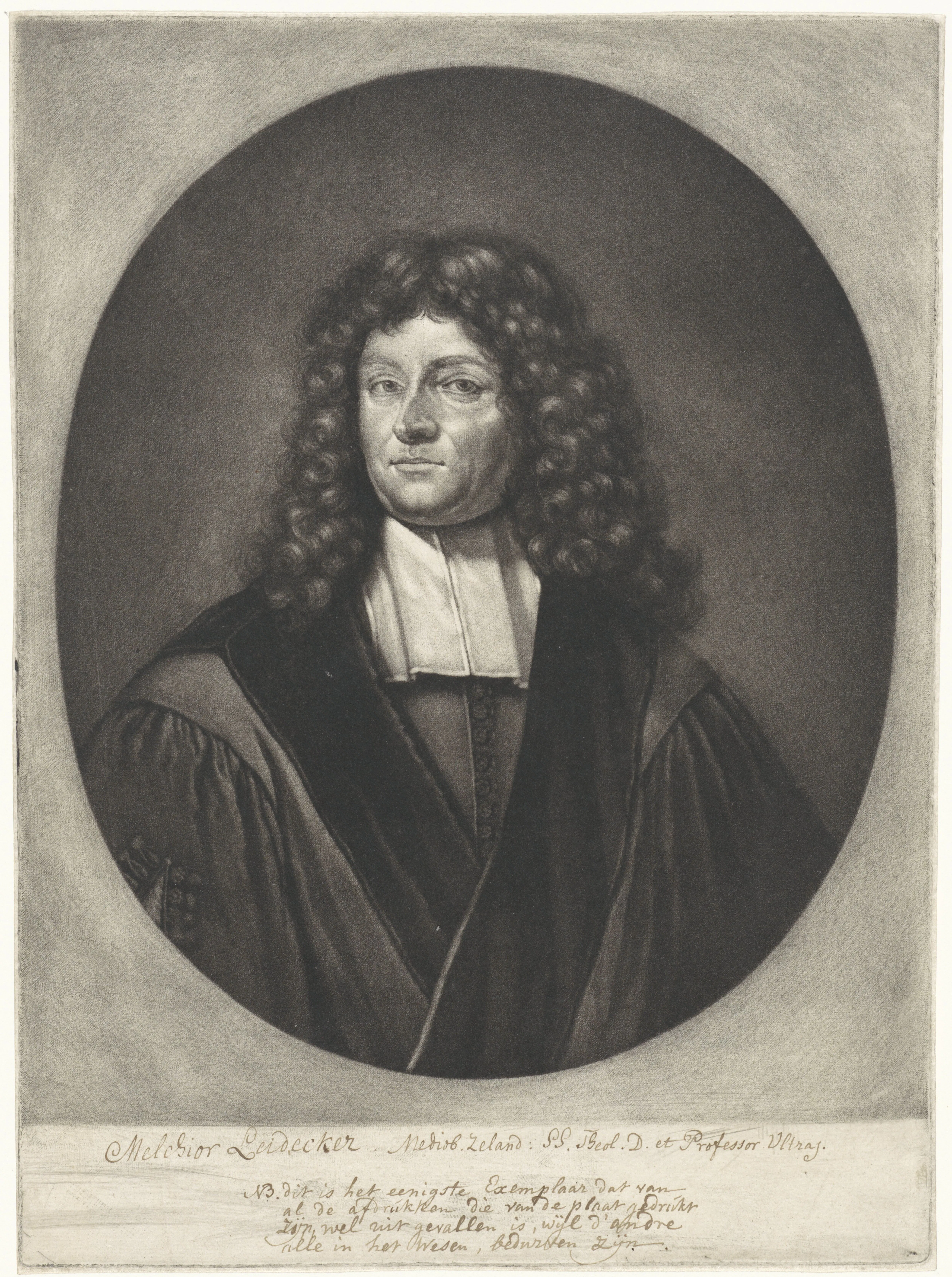 Portrait of the Reformed theologian Melchior Leydekker, professor at Utrecht, whose name appears to correspond to the “M. Leydecker” preserved in the memorial material. If so, Graevius’s commemoration reached beyond classicists and poets into Utrecht’s confessional and academic networks.
