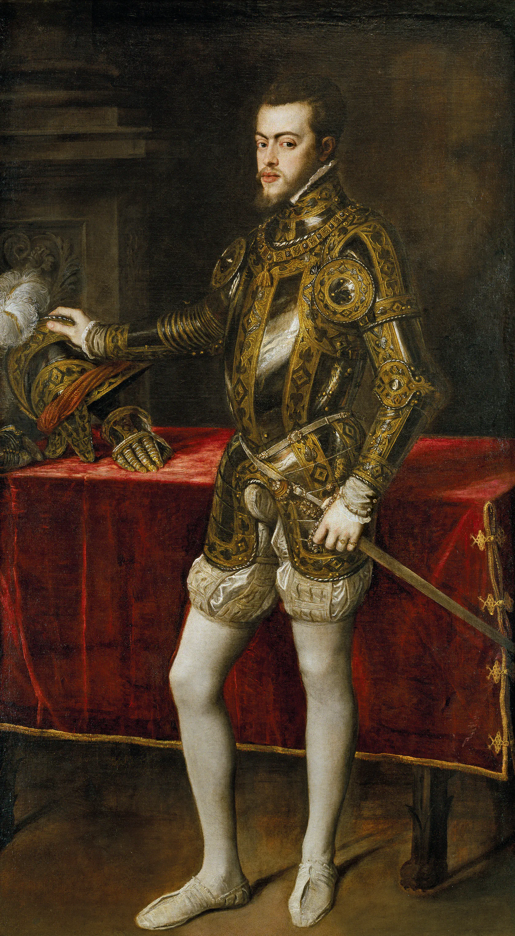 A portrait of Philip II in armour, the king to whom Lindanus dedicated the Panoplia evangelica in 1559. His royal style "Catholic," flowing from ancestral lineage, mirrors the treatise's claim that true doctrine is received through legitimate transmission.