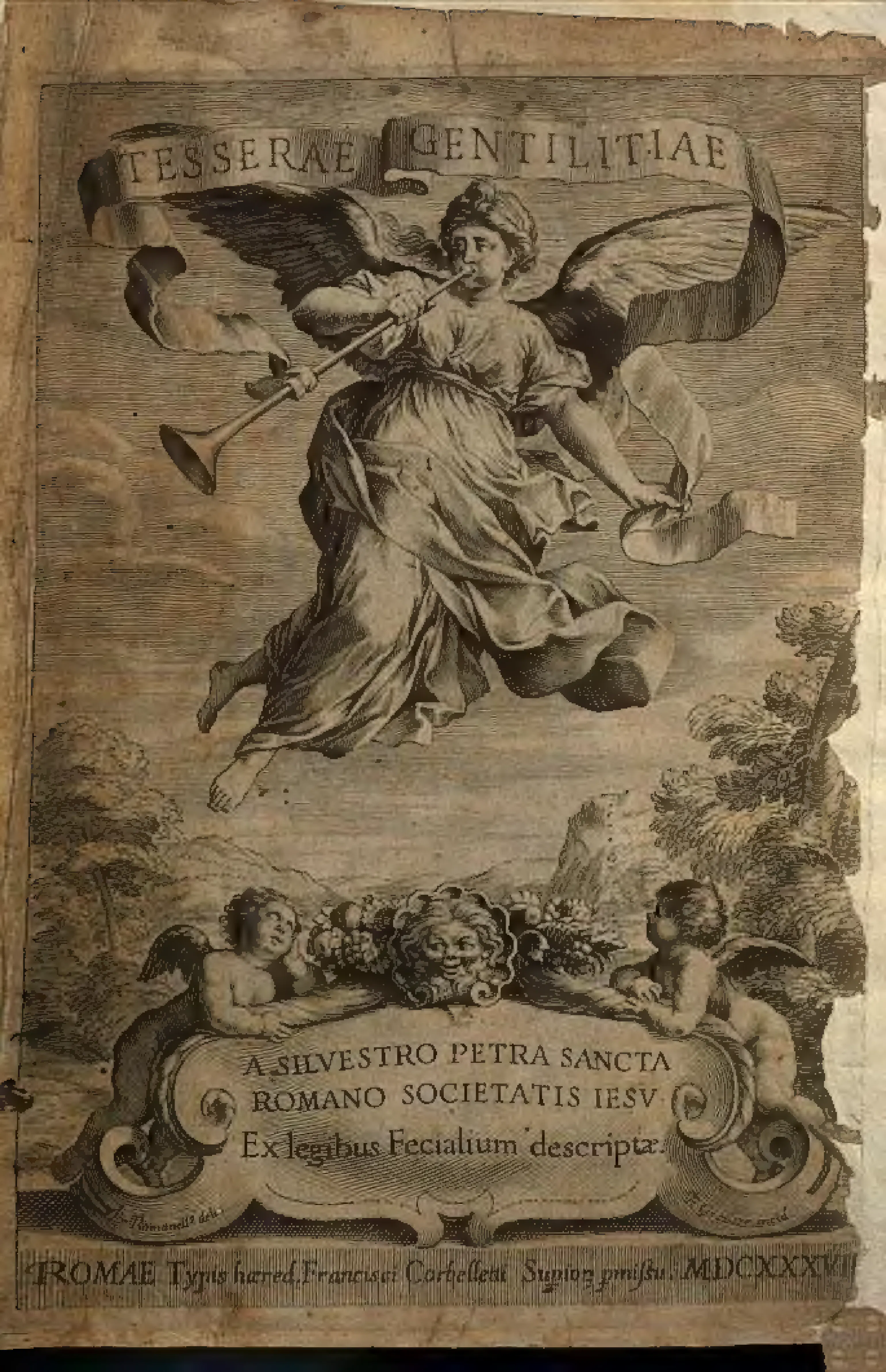 The engraved title page of the Tesserae gentilitiae: Fame trumpets a banner bearing the title, above a cartouche naming the Jesuit author and his claim to describe heraldic signs from the laws of the fetials. The imprint dated MDCXXXVII fixes the book in licensed Roman production.