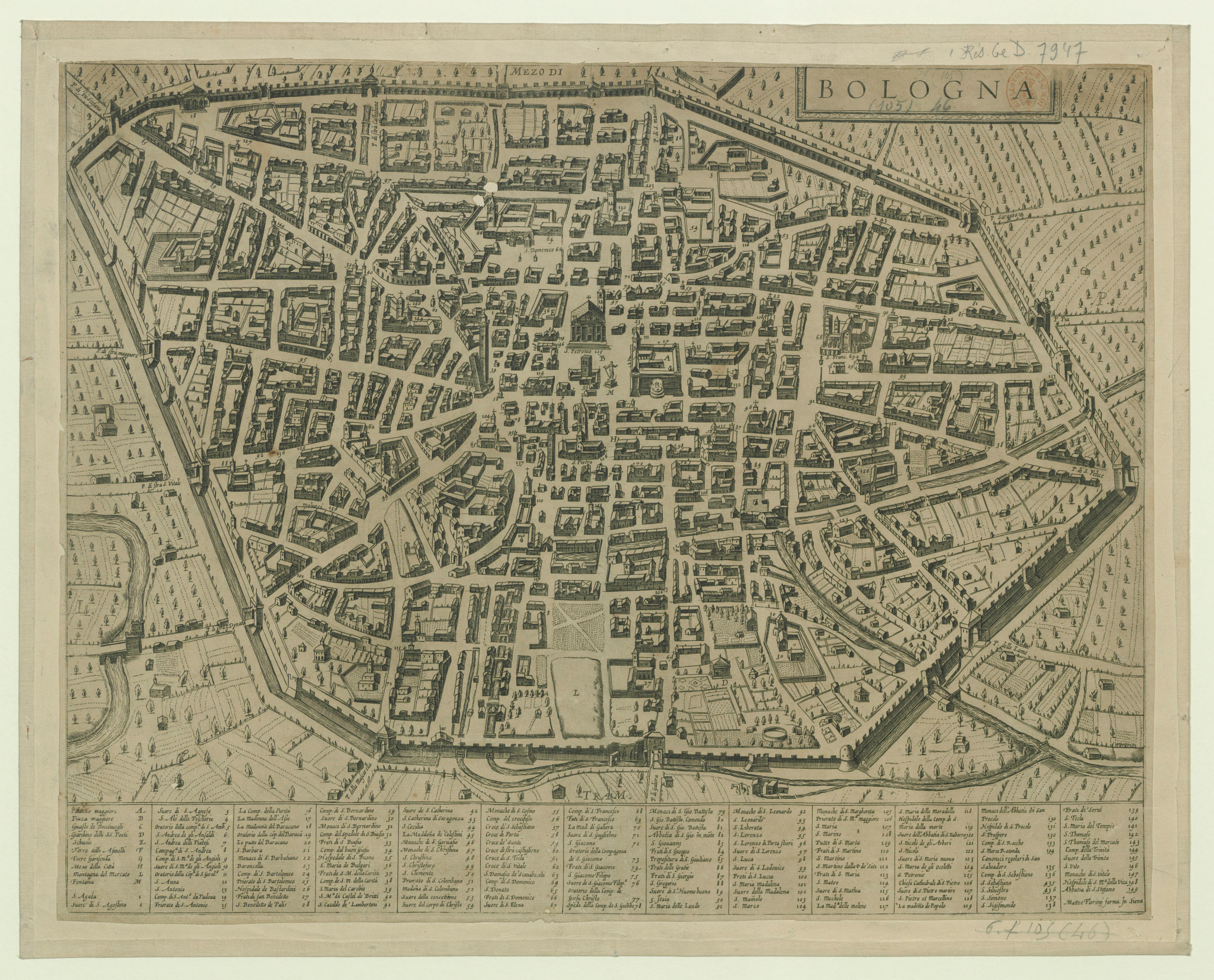 A period printed view of the city of Bologna.