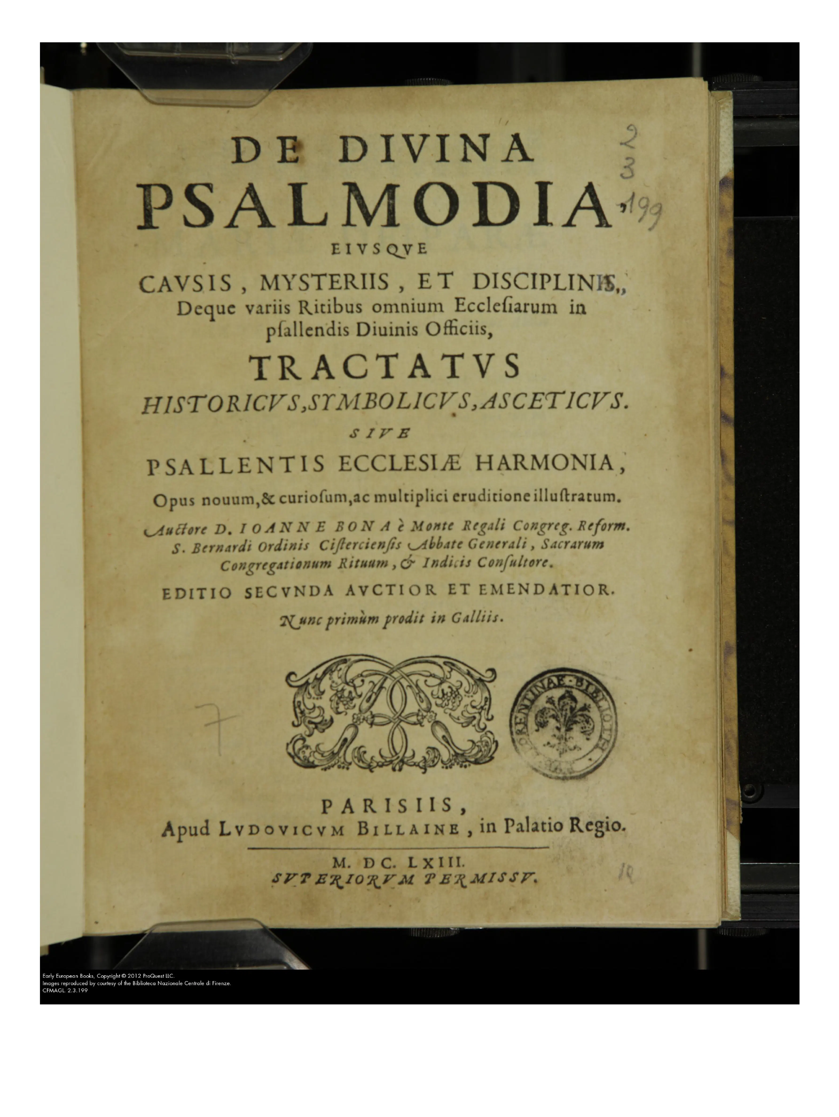 Bona's Paris title page sets the treatise's programme in type: divine psalmody as a tractatus historicus, symbolicus, asceticus, gathered under the emblematic Psallentis Ecclesiae harmonia. The printed Cistercian and curial offices, the second-edition formula, and the 1663 Billaine imprint mark a French reissue, not a first publication.