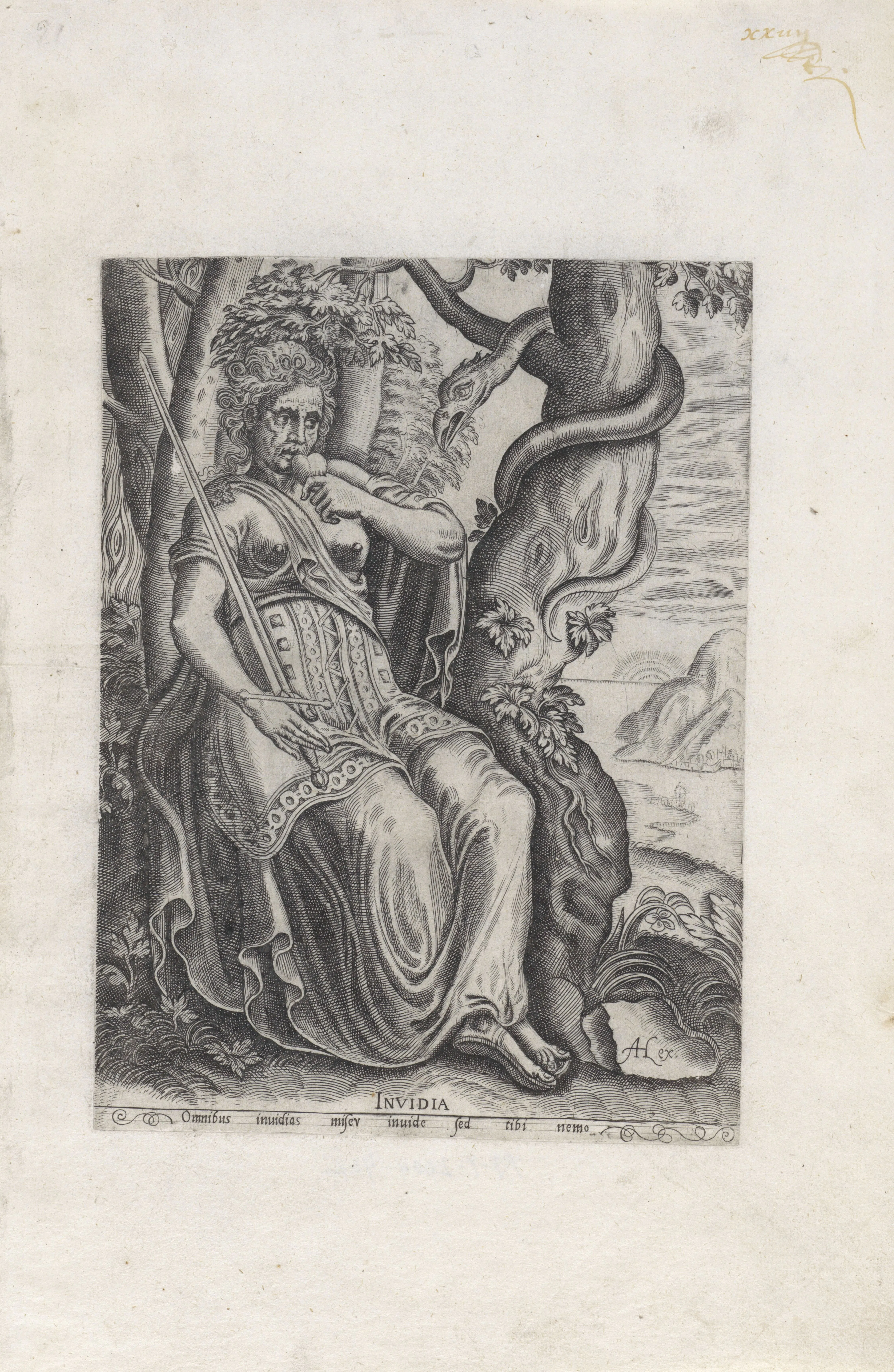 This early modern personification of Invidia from the Vices tradition gives visual form to the passion Vairo places behind fascination: a hatred that seeks relief by injuring another. Set beside his account of fascinum as a false remedium for grief and resentment, the image makes envy not a decorative vice but the moral psychology driving imagined vengeance.