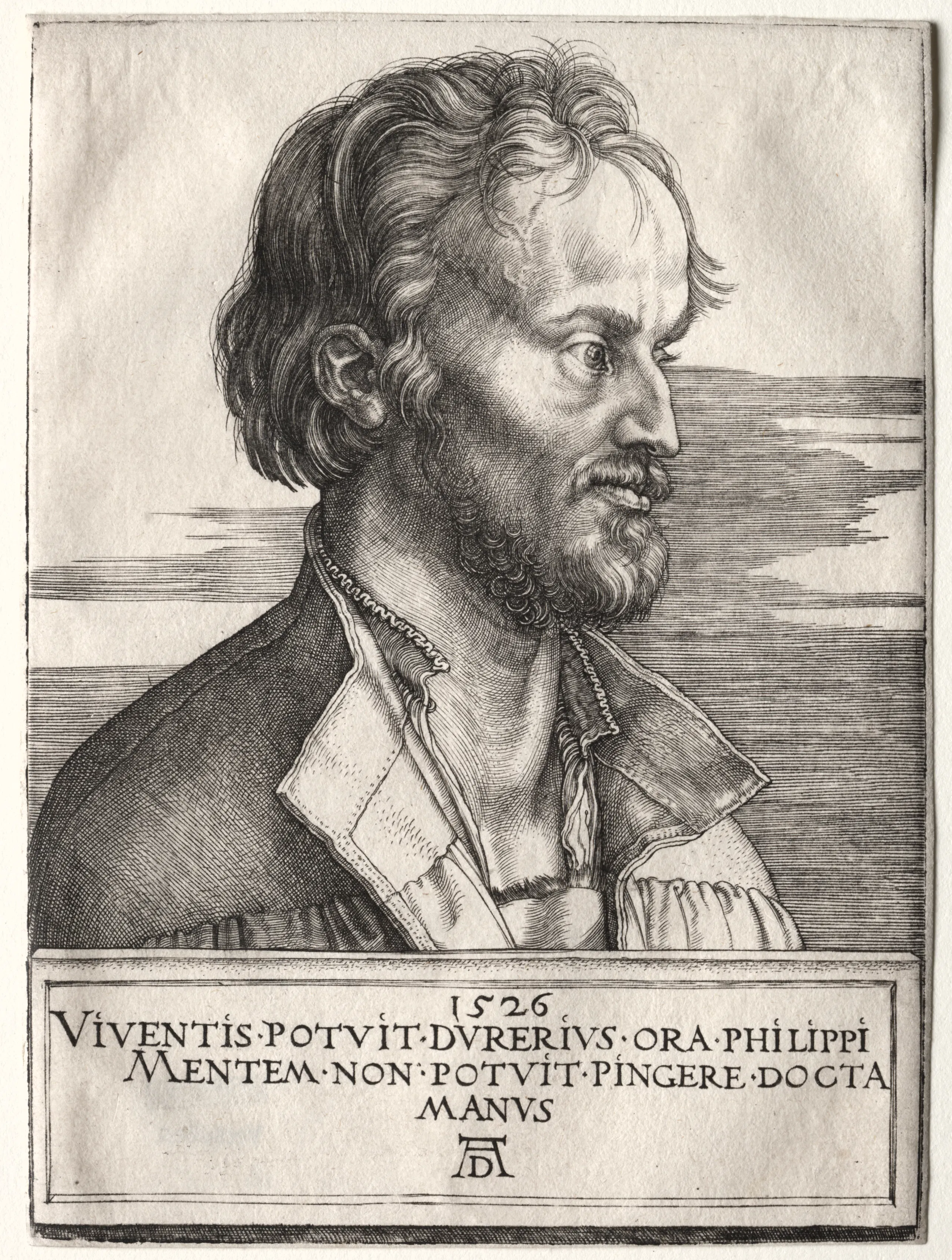 Albrecht Dürer's 1526 engraved likeness of Philipp Melanchthon presents the Wittenberg humanist as a figure of learned Reformation authority — the very authority Sagittarius subjects to method. Regretting that even Melanchthon too rarely named his sources, the register turns confessional prestige into a test of veritas historica.