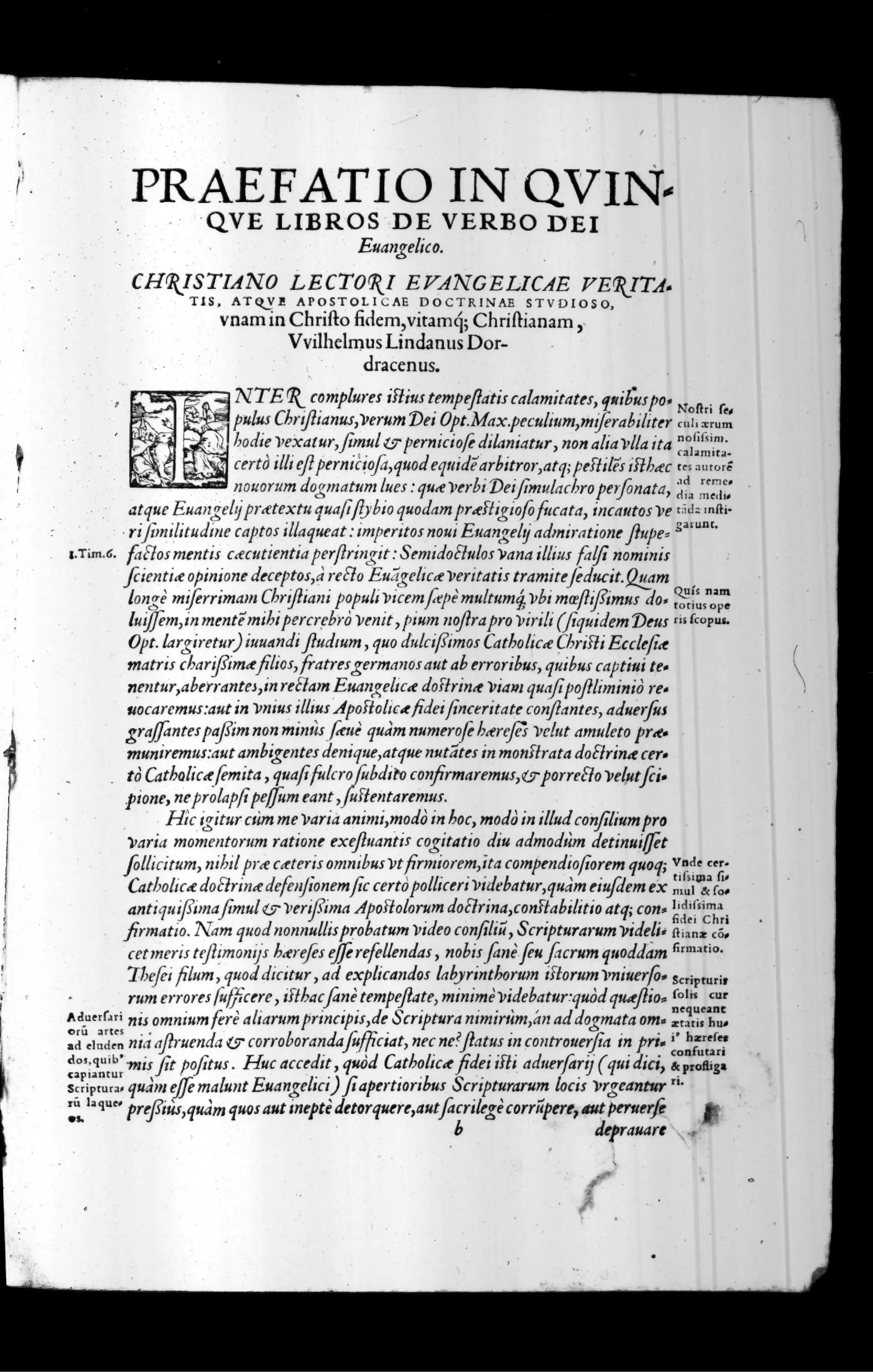The opening of Lindanus's Praefatio, with its display heading, address to the Christian reader and decorated initial, marks the threshold of the argument. Here the "Word of God" controversy becomes not a neutral dispute over texts but a long history of mutilated apostolic meaning culminating in the reformers.