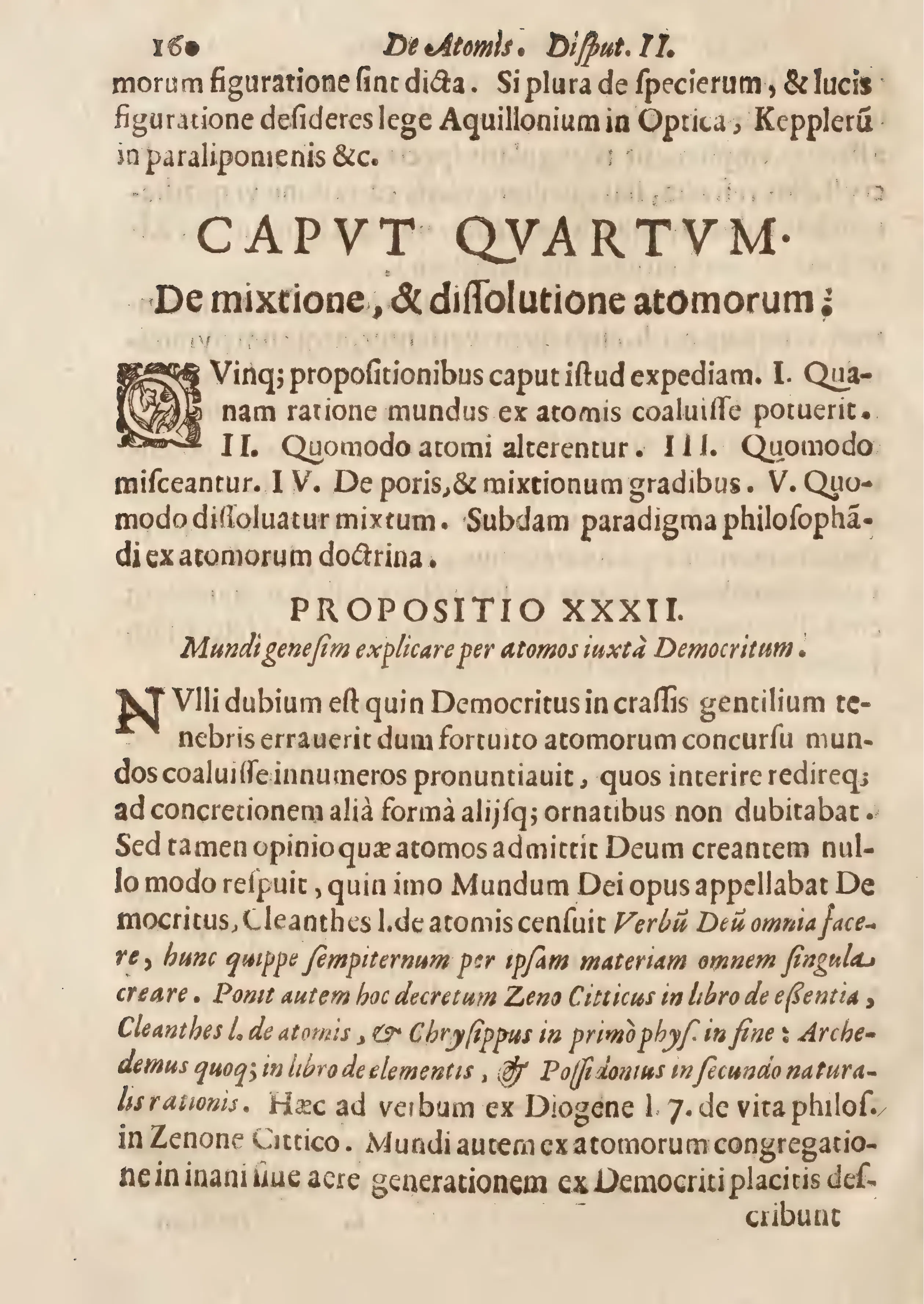 The chapter opening to De mixtione, & dissolutione atomorum, marked by a large ornamental initial, frames atomic mixture and dissolution as a major divisional problem.