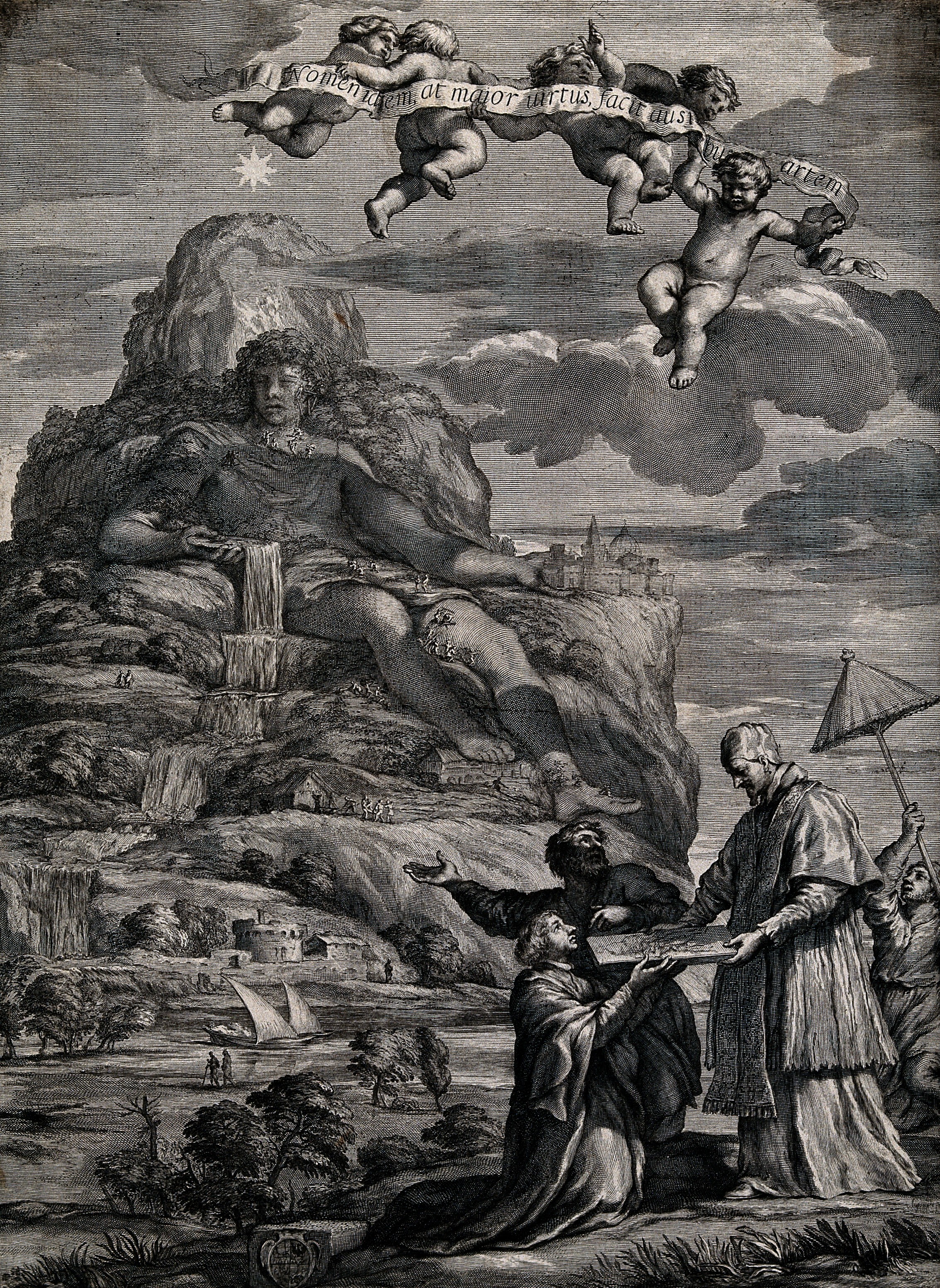 In this Wellcome engraving, a pope is presented with a design by two artists before a colossal mountain figure bearing architectural forms—a scene that recalls the Dinocrates fantasy of carving Athos into a colossus. Setting design before a patron’s judgement, it echoes Schott’s Vitruvian divide between conception and execution.