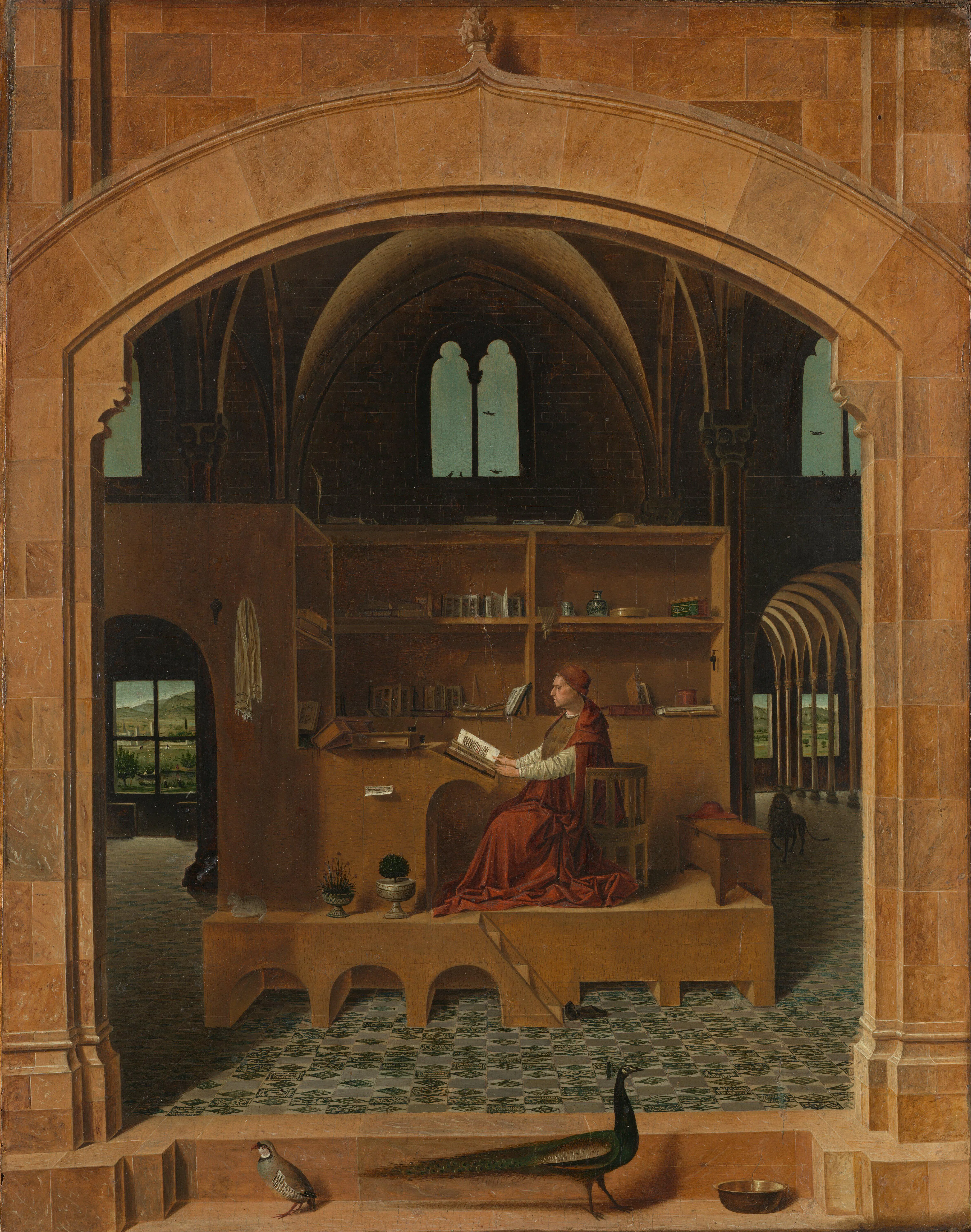 Antonello da Messina's St Jerome in His Study frames the Church Father amid the furniture of learned authority—books, shelves, and writing implements.
