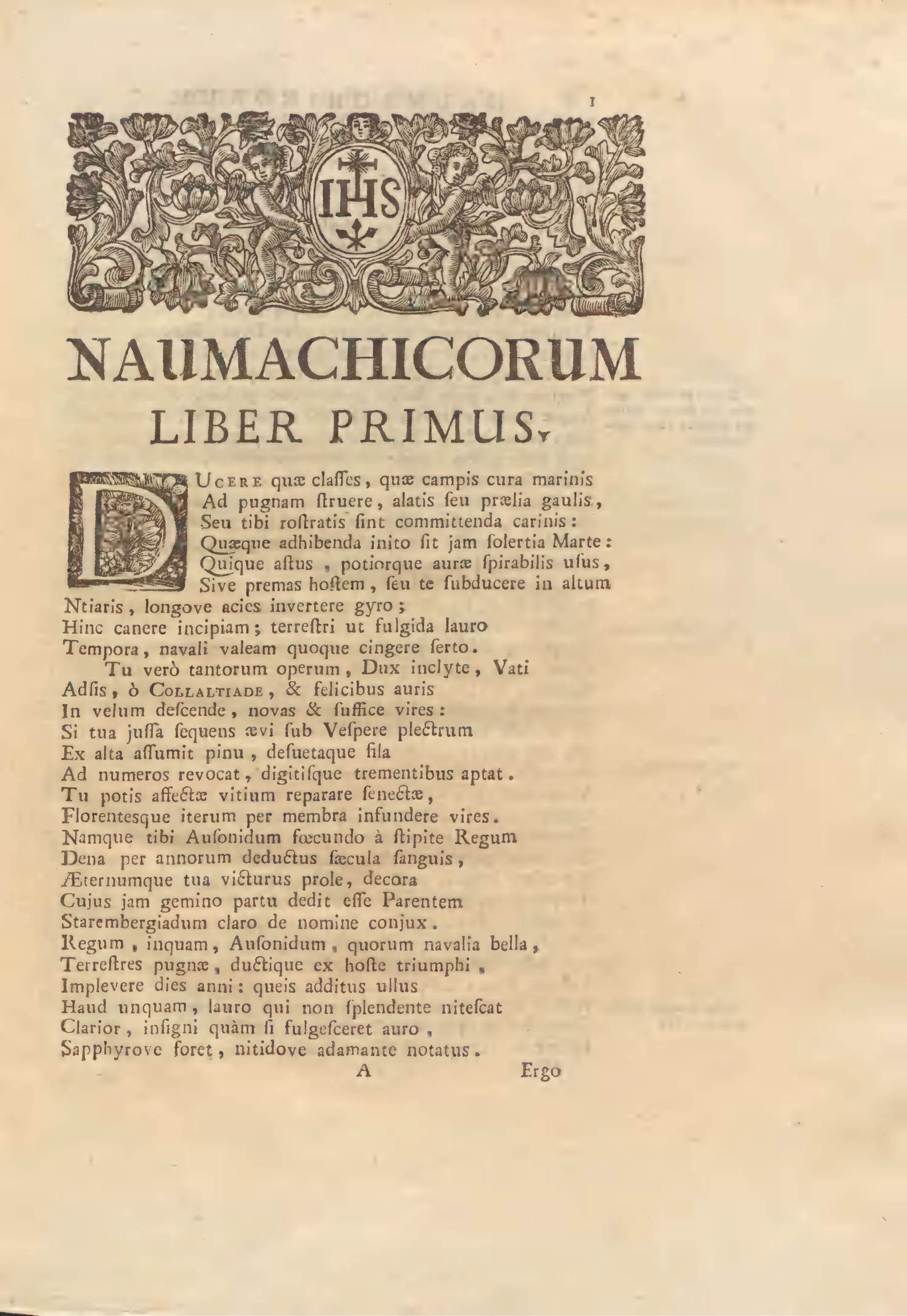 Book I opens beneath a Jesuit IHS headpiece, the confessional frame in which Raillard's 1715 edition presents naval war as learned, morally useful instruction. Its proem moves from the *sertum navale* — a naval garland crowning earlier land-war poetry — to the invocation of Antonio Rambaldo di Collalto.
