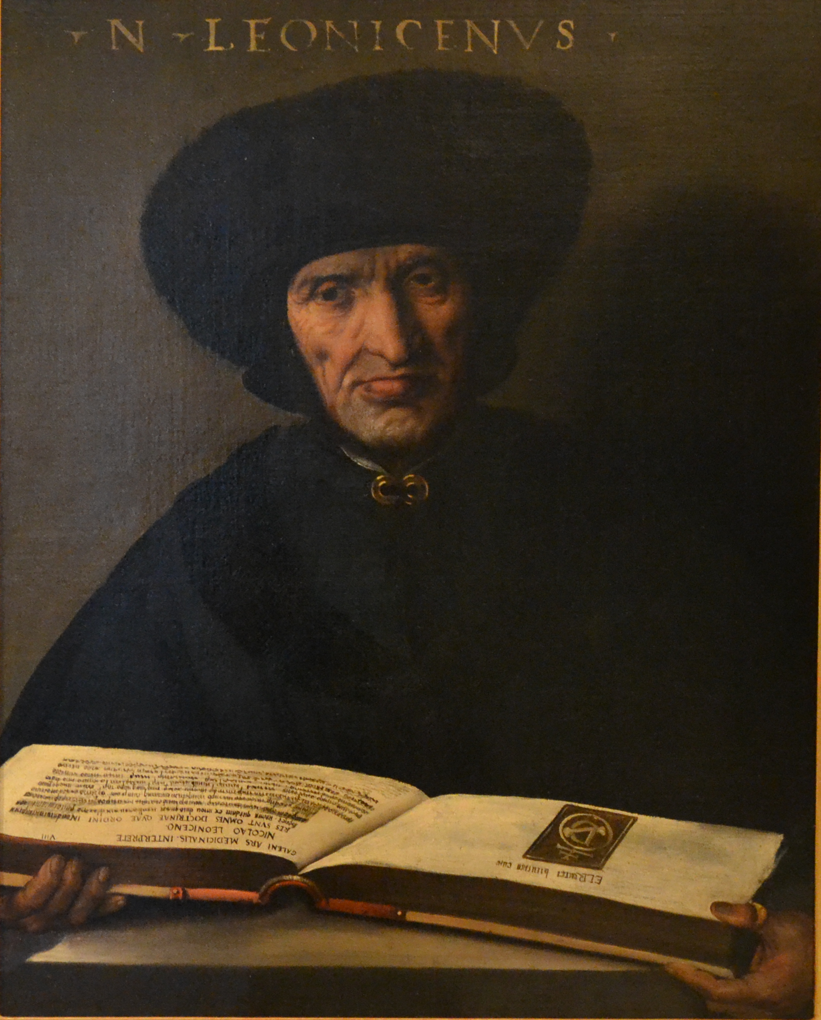 Dosso Dossi's portrait, identified as Niccolò Leoniceno, shows the Ferrarese physician with an open printed volume: learned medicine as a textual practice. This is the world in which Manardo's epistolary medicine took shape — Galenic authority, humanist correction, and controversy mediated through Leoniceno's Ferrara circle.