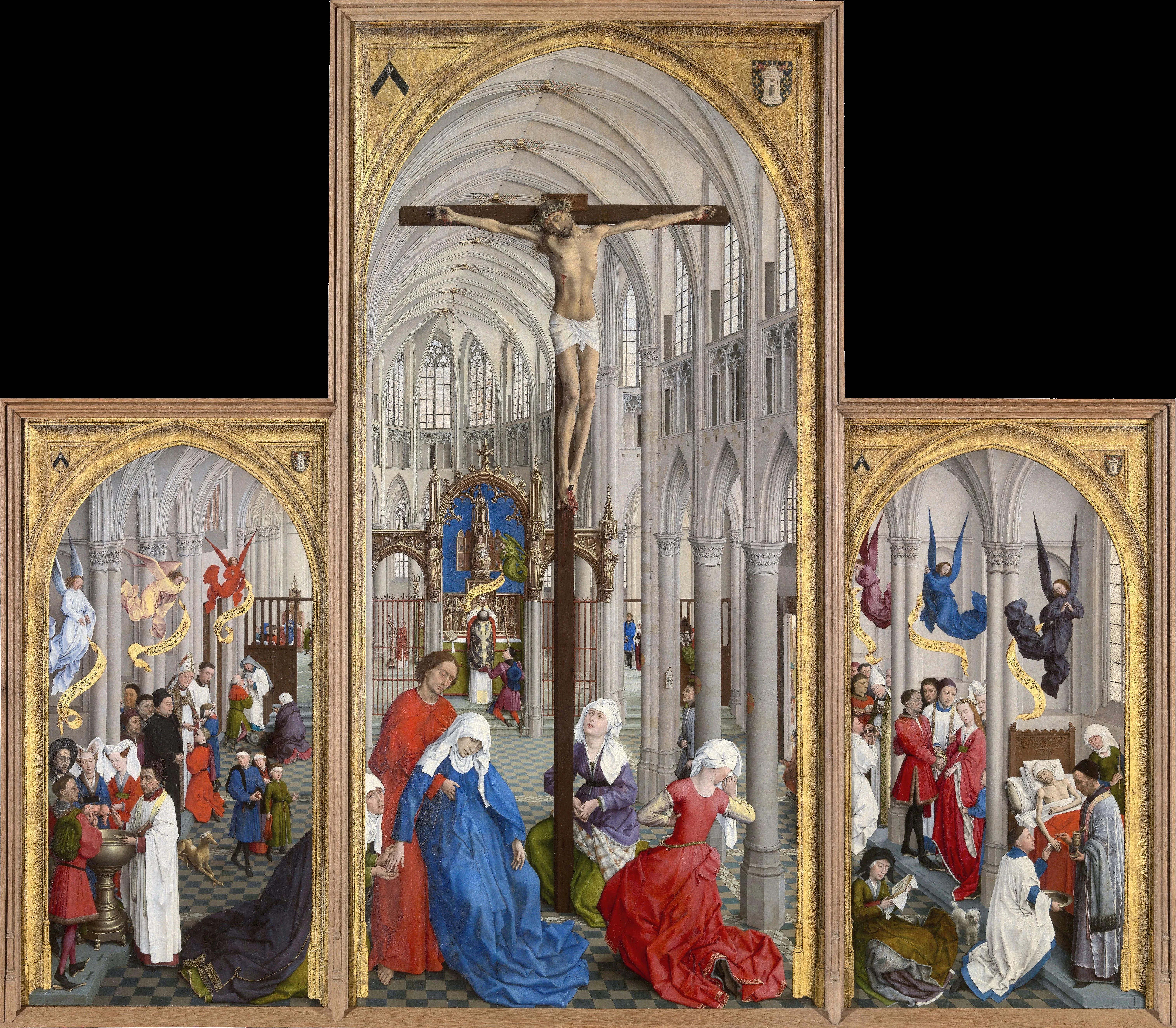 The Seven Sacraments altarpiece attributed to Rogier van der Weyden, a mid-fifteenth-century Netherlandish panel, sets all seven rites within the visible Church. Its vision of grace administered through ecclesial sacraments, from the Low Countries milieu Lindanus shared, is the order he defends against reduction to Scripture alone.