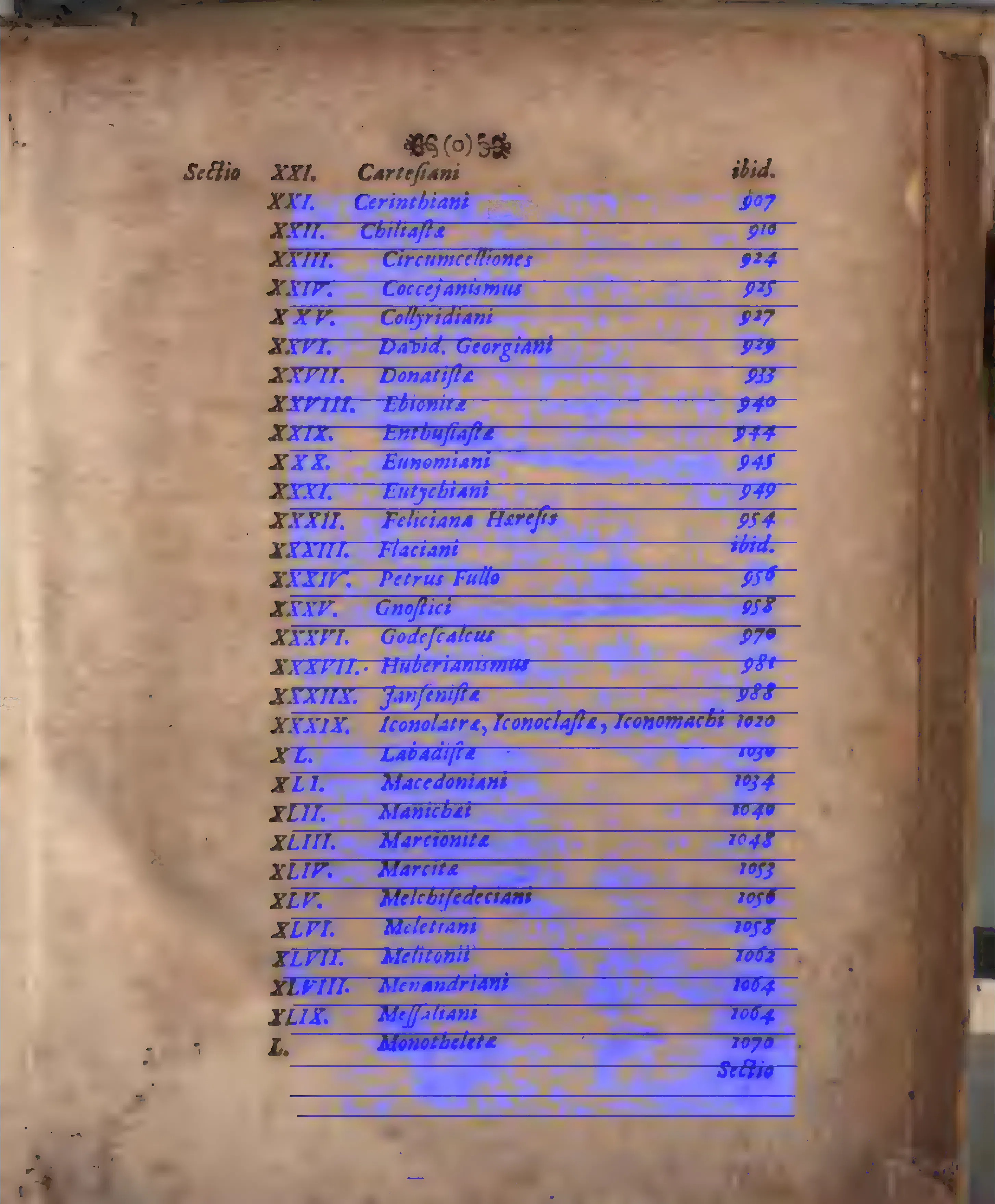 This leaf of the printed chapter table compresses the alphabetical heresiology into one sequence, setting Cartesiani, Coccejanismus, Jansenistae, and Labadistae beside Circumcelliones, Donatistae, Eutychiani, and Gnostici. It also records the book's making: Manichaeai fixed as §XLII, and §XXXIX assigned twice — the numbering error the printed corrective flags.