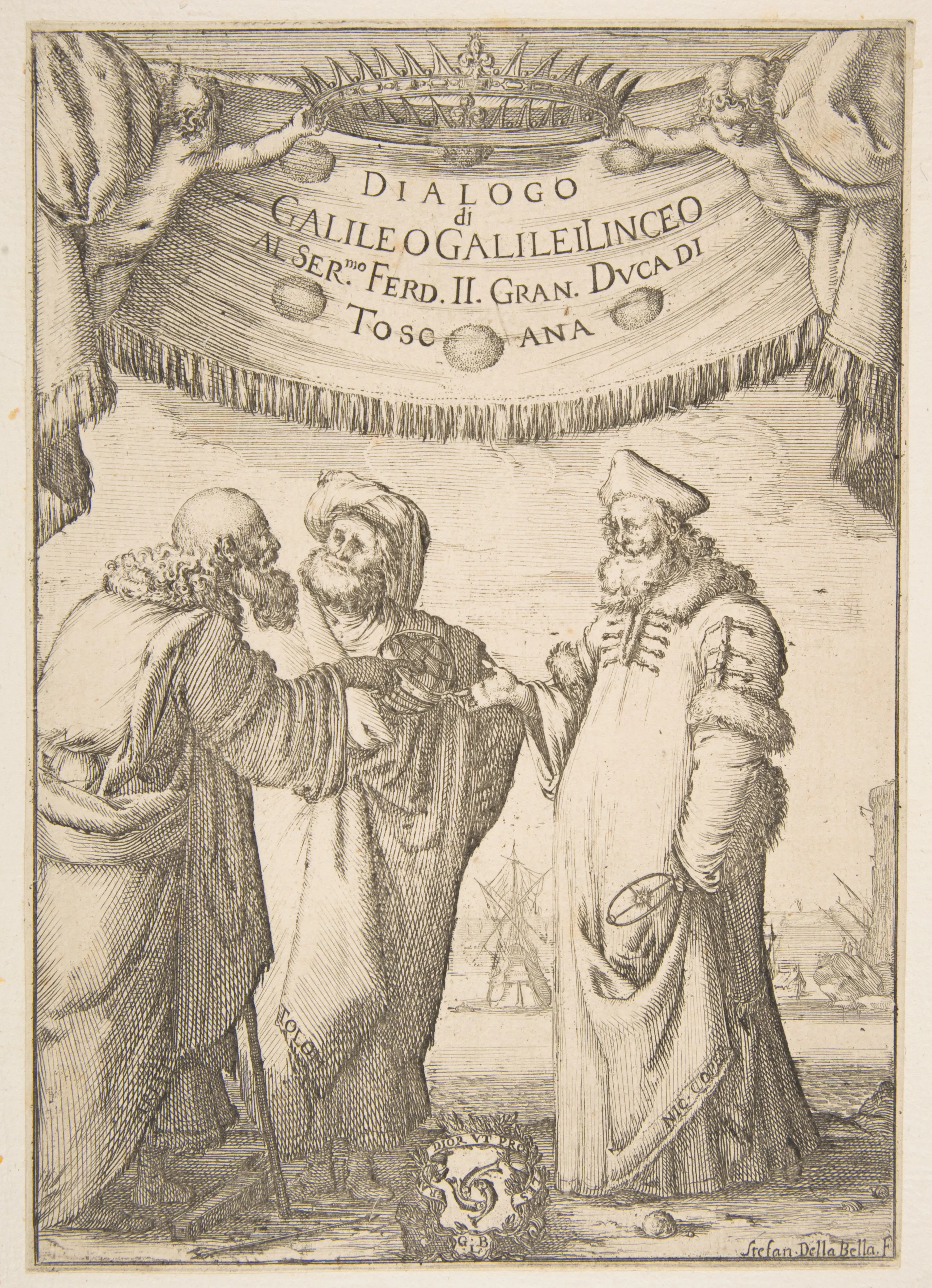 The frontispiece to Galileo's *Dialogo* stages the cosmological quarrel as a meeting of Ptolemaic, Aristotelian, and Copernican authorities — the same three-way dispute Bérigard entered with his *Dubitationes*. Its dedication to Ferdinando II places the contested book within the Medici patronage world that also framed the *Circulus Pisanus*.