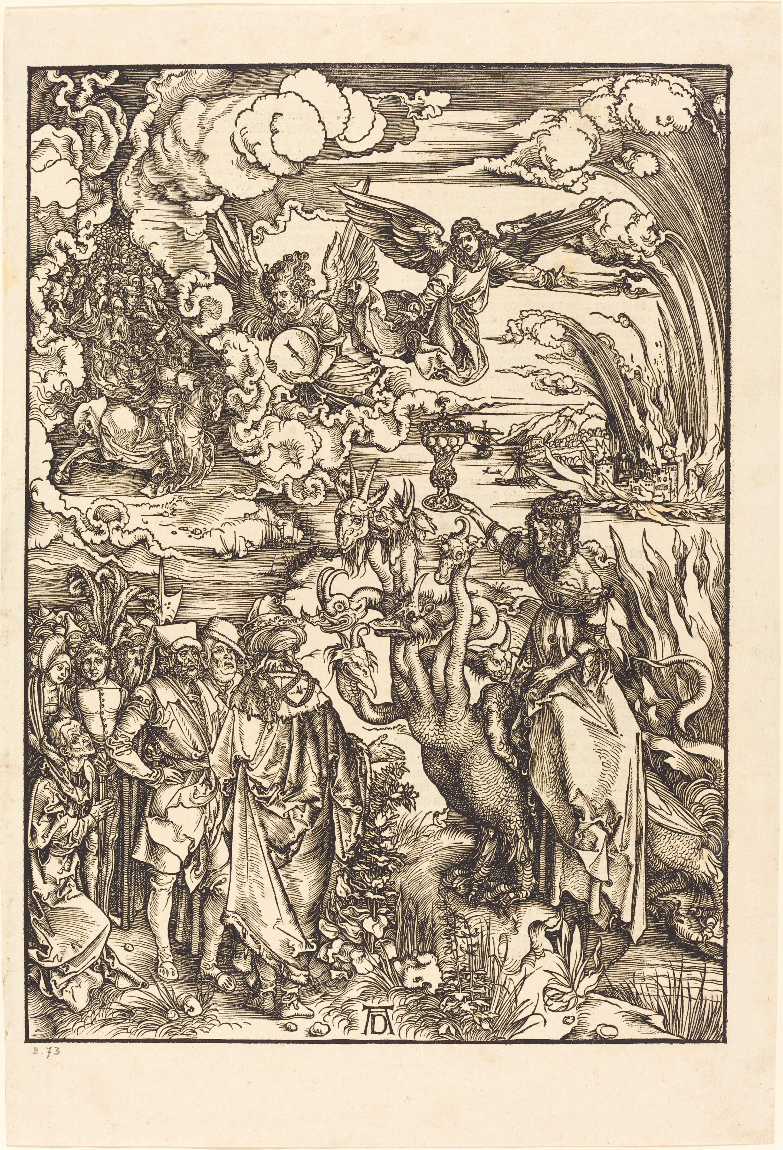 Dürer's woodcut of the Whore of Babylon enthroned on the seven-headed beast, printed at Nuremberg in 1498.