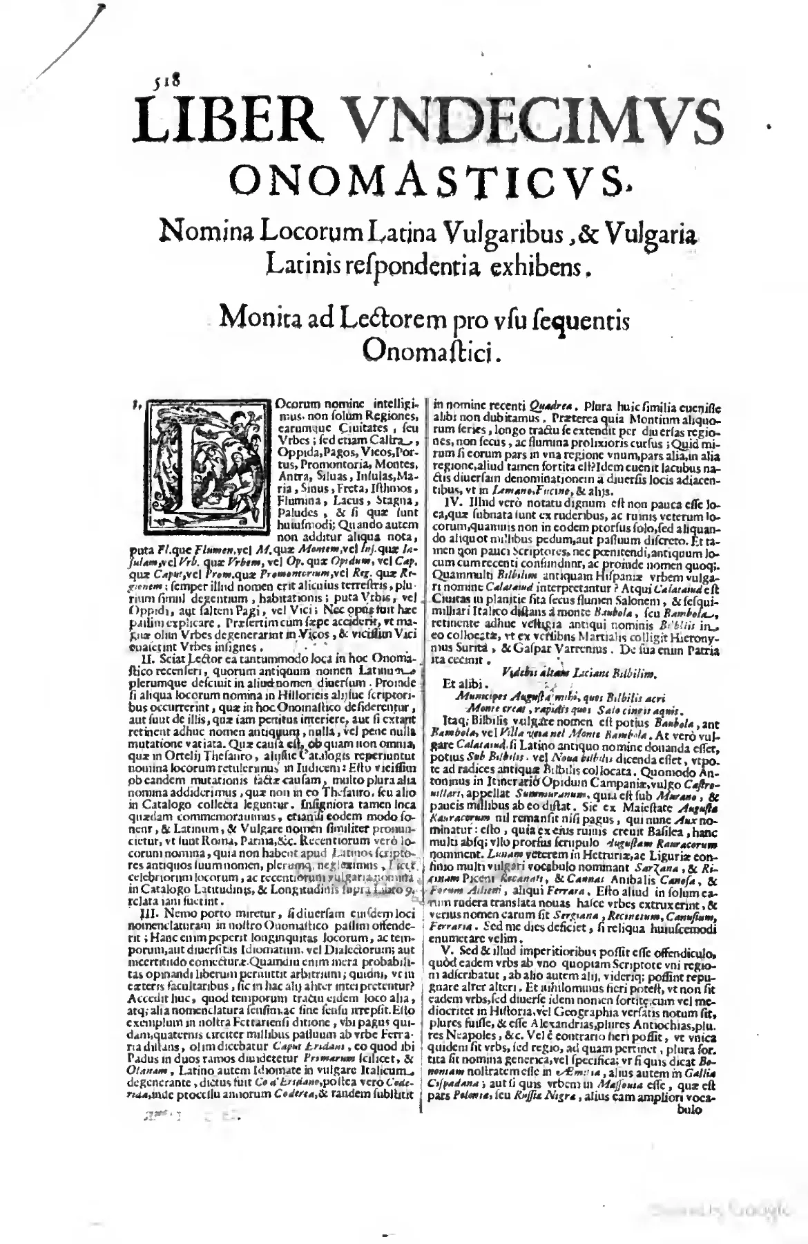 The opening of Book XI, headed LIBER VNDECIMVS ONOMASTICVS, introduces the Monita ad Lectorem beneath a large historiated initial.