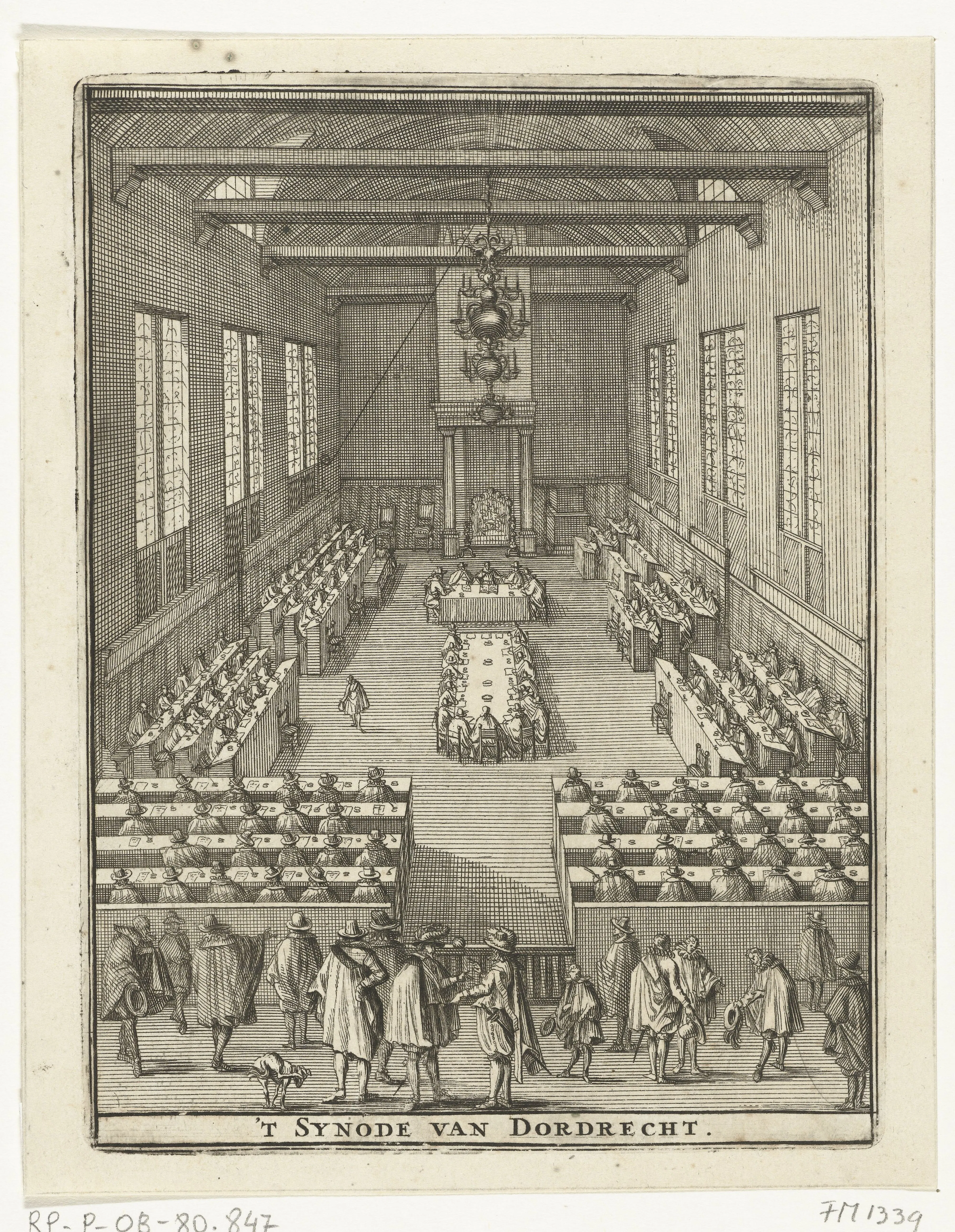A period engraving, whose source records variously title it the opening of the Synod of Dordrecht in 1618 and the Donation of Constantine, accompanies the register's compressed verdict on Dordrecht — doctrine confirmed, Remonstrants deposed, and sympathetic politicians punished as parts of one confessional event.