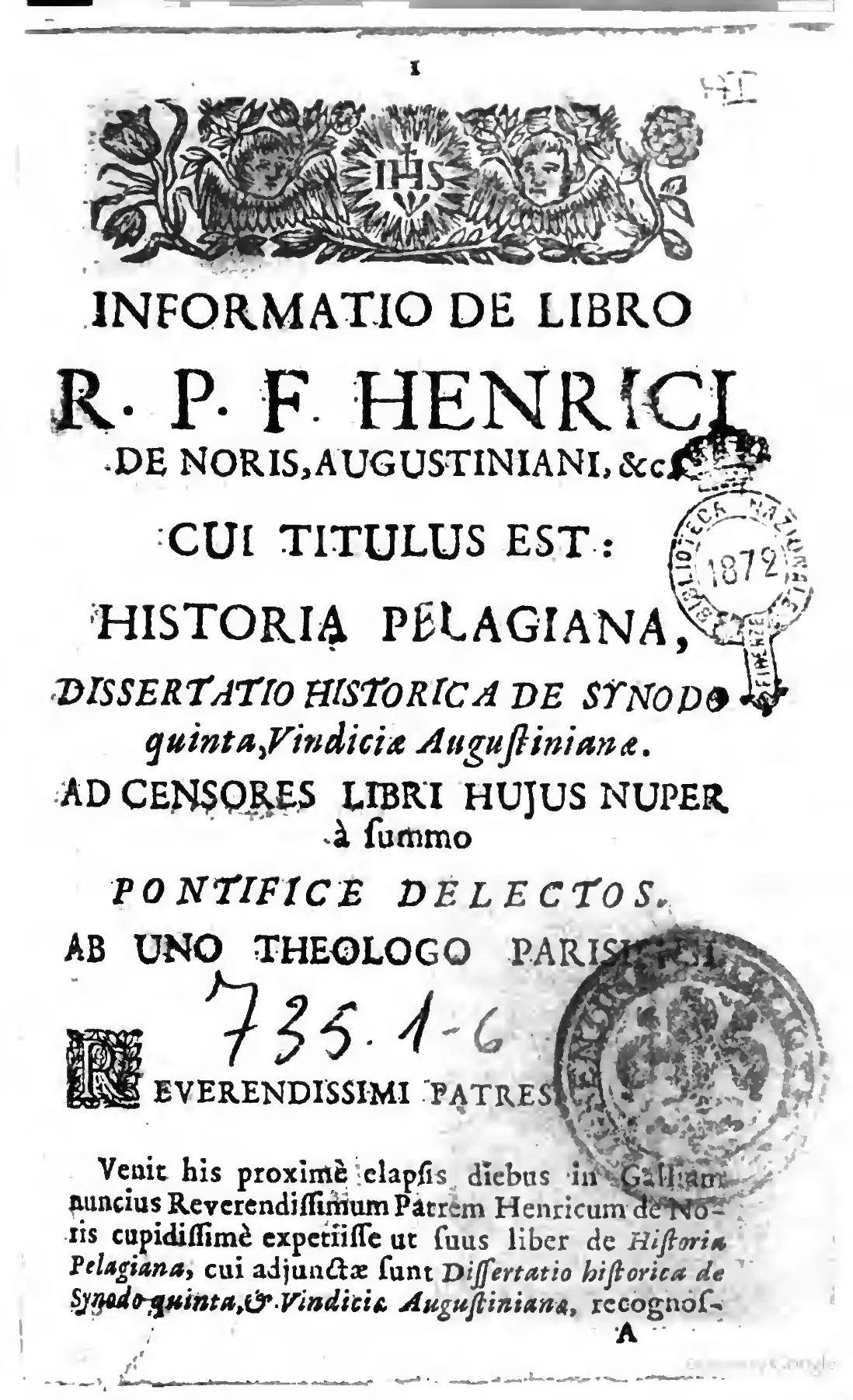 The title-and-incipit page frames the anonymous Informatio as a censorial intervention from "one theologian of Paris" to the papal examiners of Noris, its lack of imprint underscoring the clandestine status of the surviving libellus.