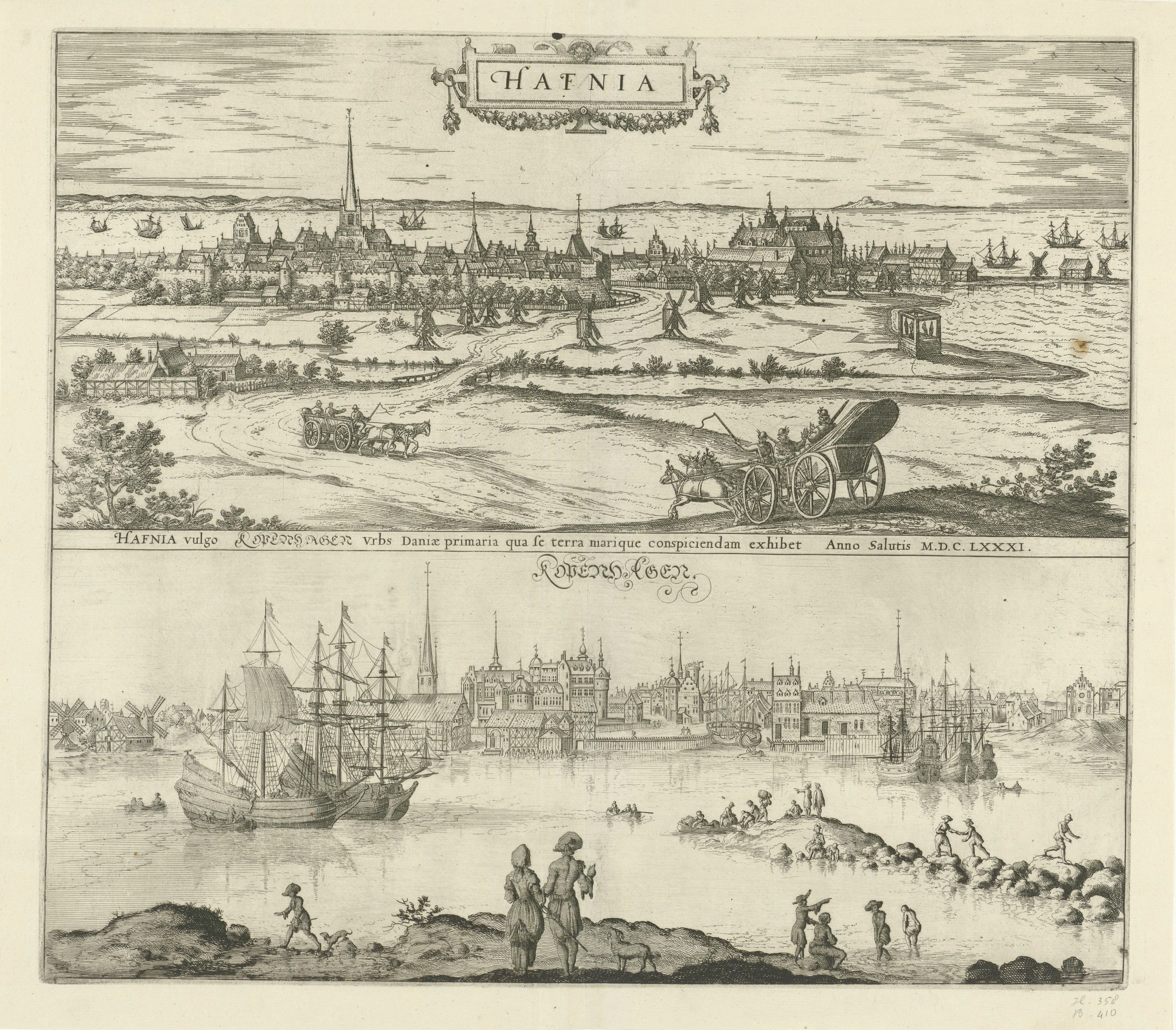 An engraved prospect of Copenhagen, titled "Hafnia," evoking the city in which Daniel Paulli's bookselling house operated.