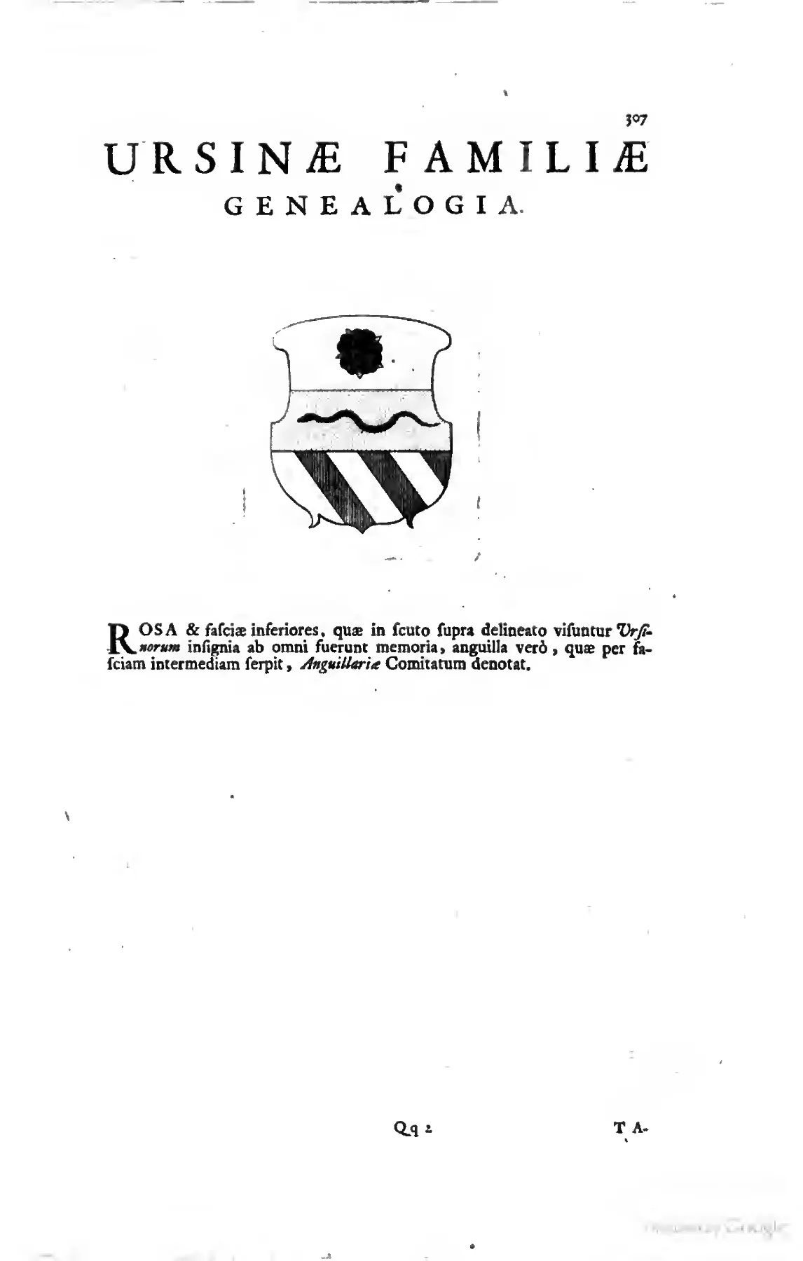 The opening of the Orsini genealogical section under the printed heading “URSINÆ FAMILIÆ GENEALOGIA,” with the family shield beside a Latin gloss.