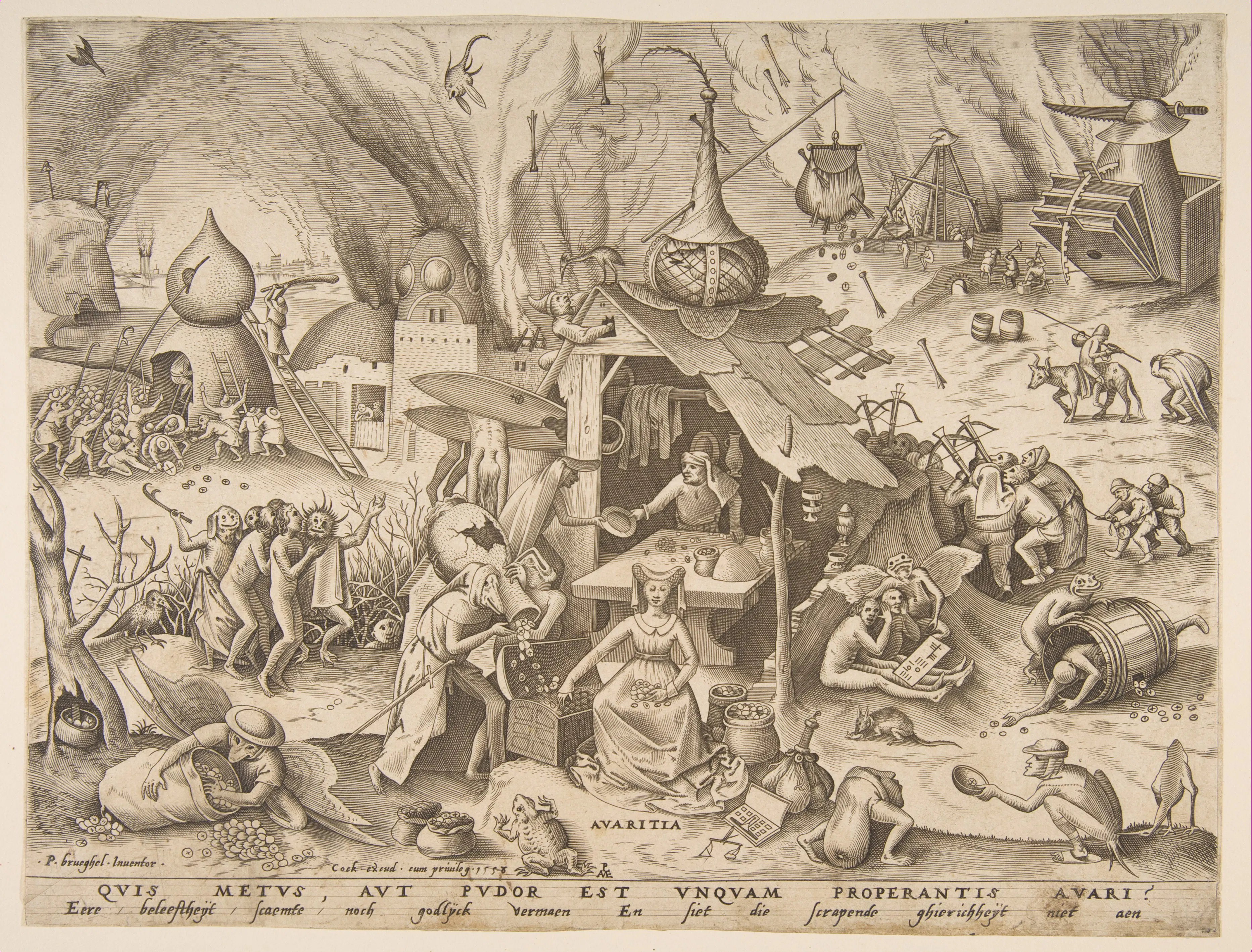 In this Netherlandish engraving from a Seven Deadly Sins series, Avaritia is framed not as a private failing but as a force that unleashes violence, fire, and civic disorder; its Latin motto asks what fear or shame ever restrains the hurrying miser. The image gives form to Puteanus's redirection of dread away from comets and toward the moral portents—greed, injustice, and impiety—lodged in the human will.