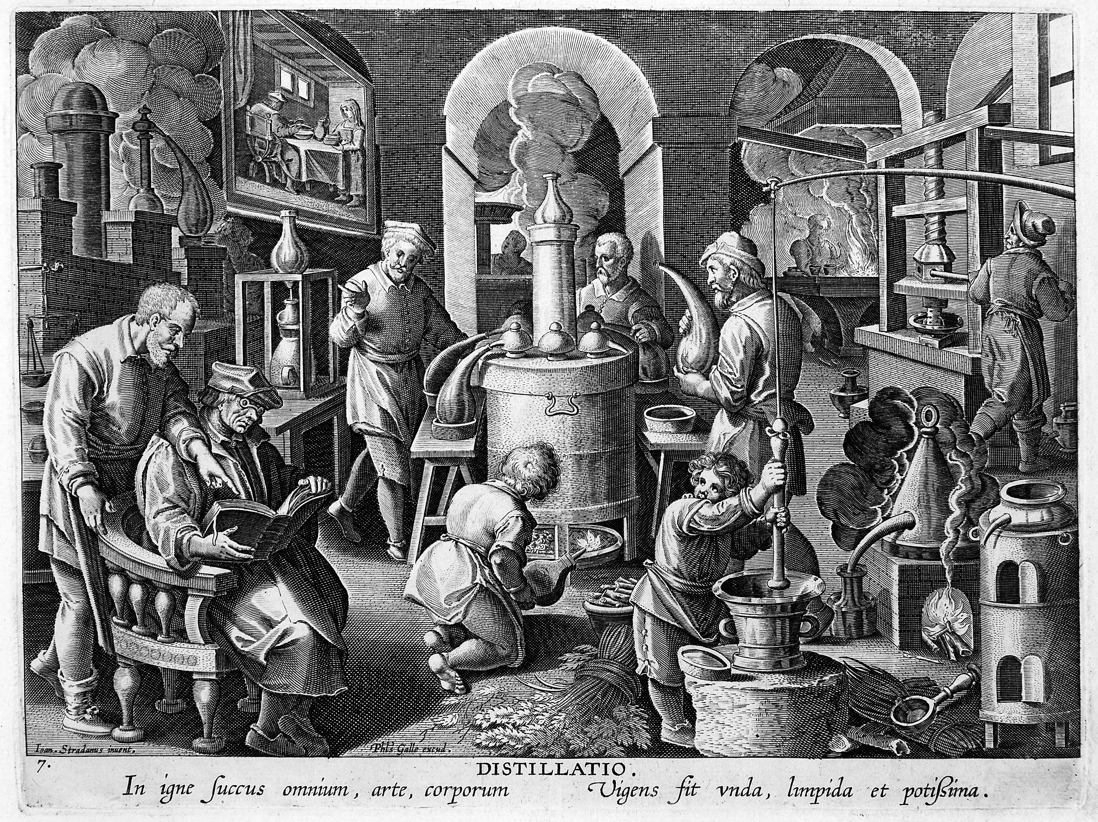 Late-sixteenth-century engraving of a distillation laboratory by Stradanus and Galle, crowded with furnaces, glass vessels, and an alembic still.
