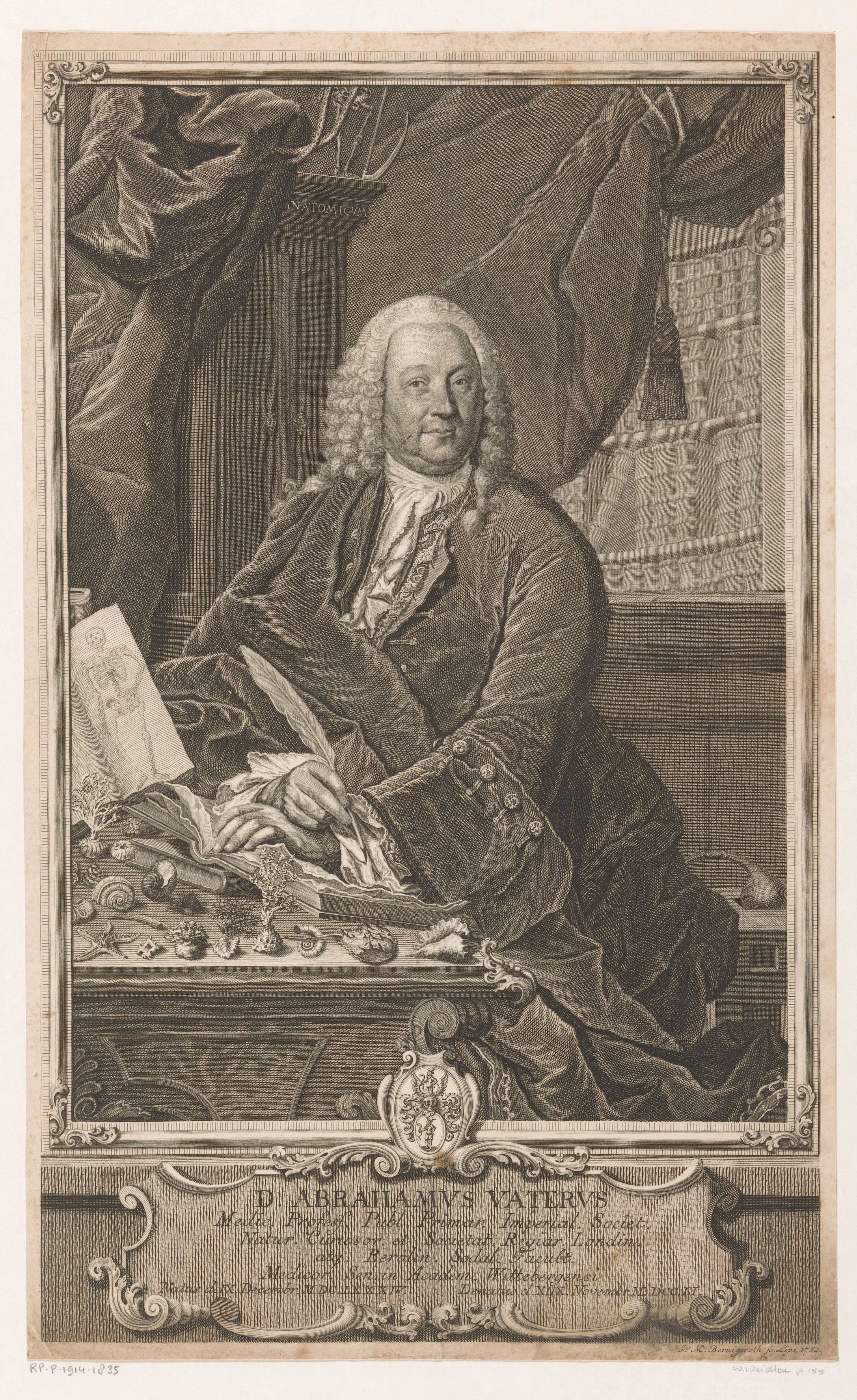 Johann Martin Bernigeroth's 1752 engraved portrait presents Abraham Vater amid the apparatus of learned medicine—open books, anatomical imagery, specimens, and a cabinet-like scholarly setting—cues that match the Wittenberg medical world in which the 1710 disputation was produced. As named respondent and author of record for De pestilentia vera, Vater stands at the center of the attribution problem posed by academic disputation, even as his later professorships in anatomy and botany shaped his retrospective image.