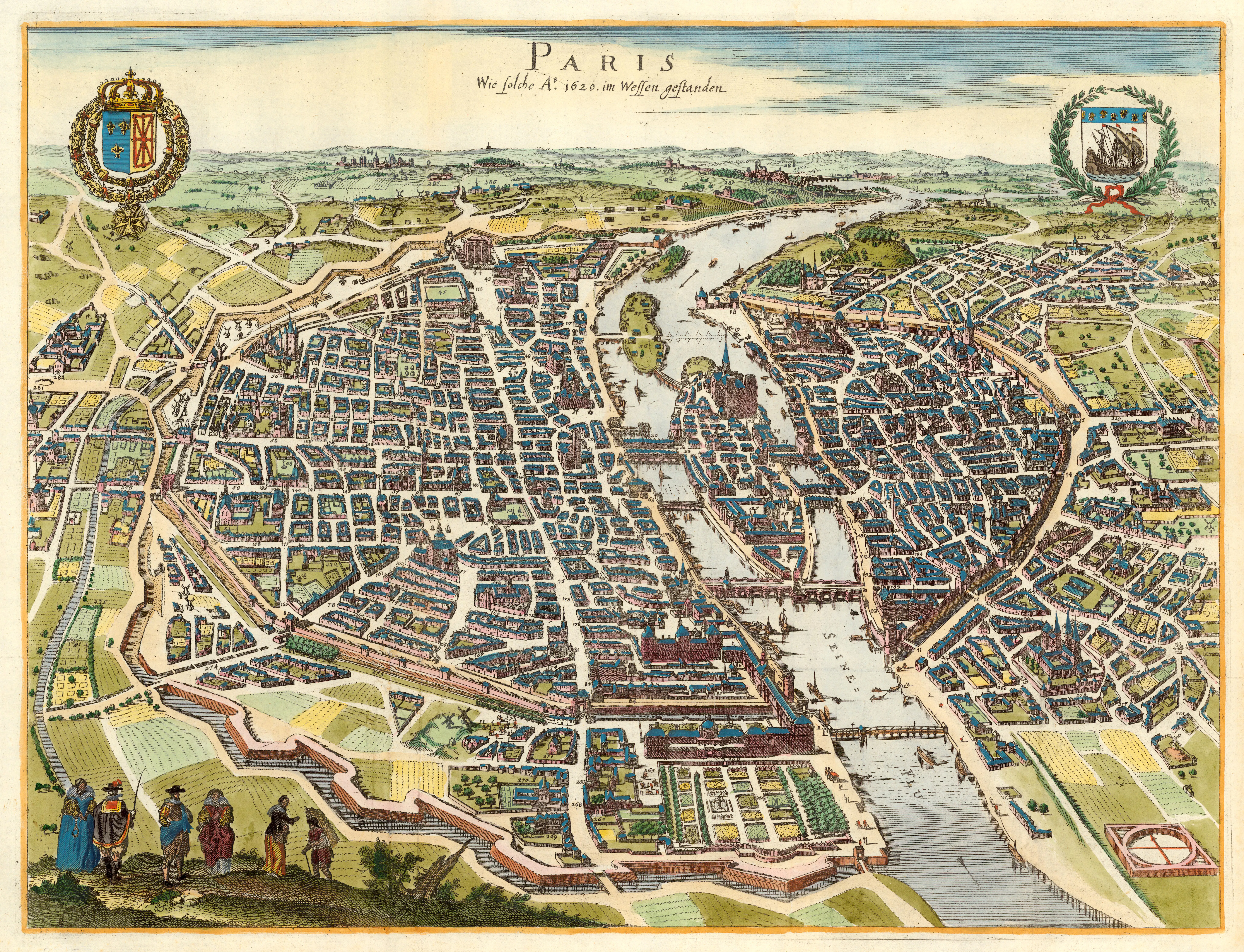 Caspar Merian's mid-seventeenth-century bird's-eye view evokes the Paris in which Jean de Launoy worked: a dense university and ecclesiastical city whose Sorbonne and Collège de Navarre framed the polemical scholarship behind the 1643 *Disquisitio*. Though not an image of Launoy's tract or of the Magdalene controversy itself, the panorama situates his attack on Provençal hagiographic tradition within the institutional world of Parisian theology and print.