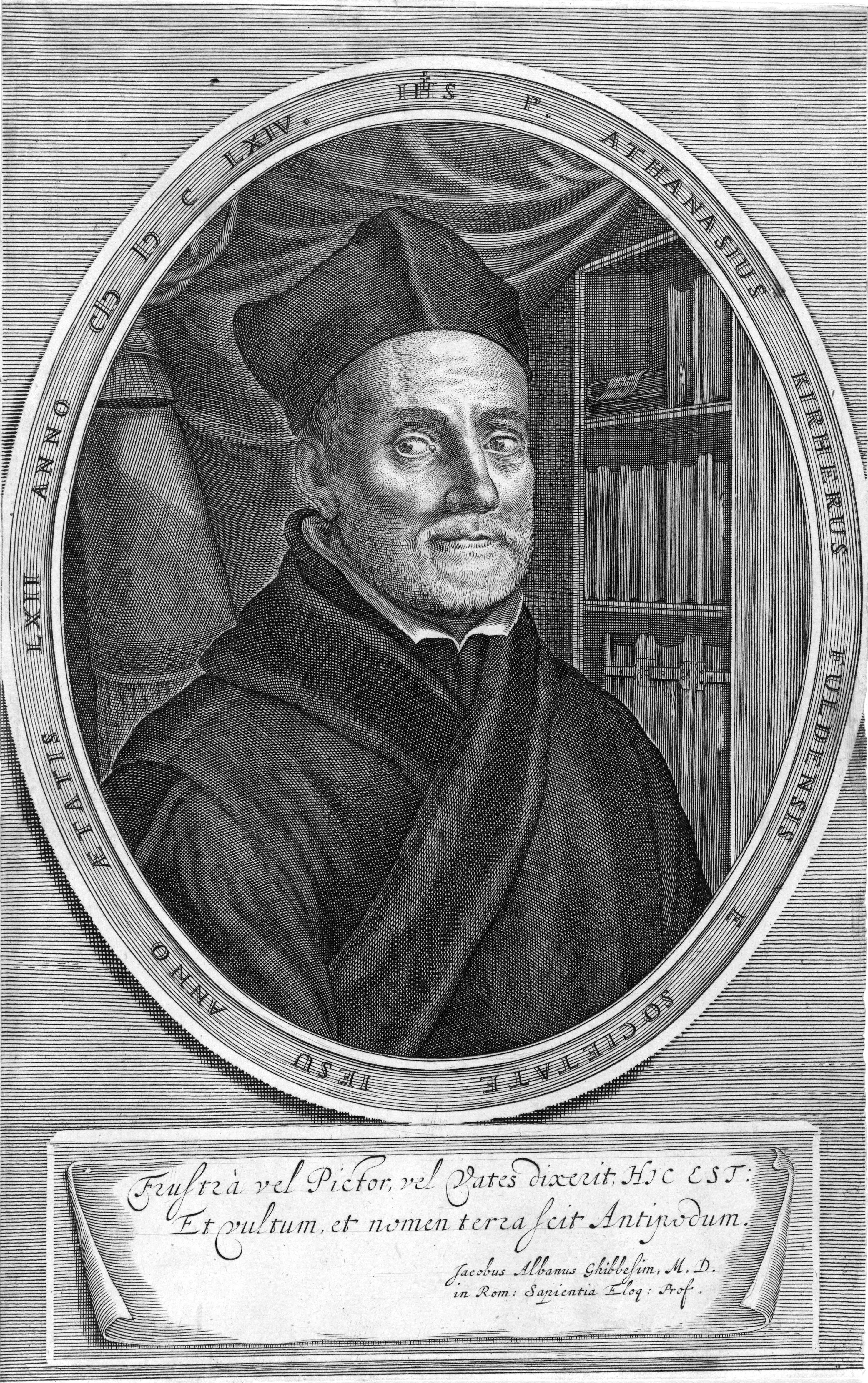 Athanasius Kircher, seen here in an engraved portrait, stood at the centre of Schott’s Roman years: Schott assisted him at the Collegio Romano, and the Mechanica drew substantially on instruments from the Museum Kircherianum. Schott’s German connections would carry that Kircherian repertoire toward Schönborn and Guericke.
