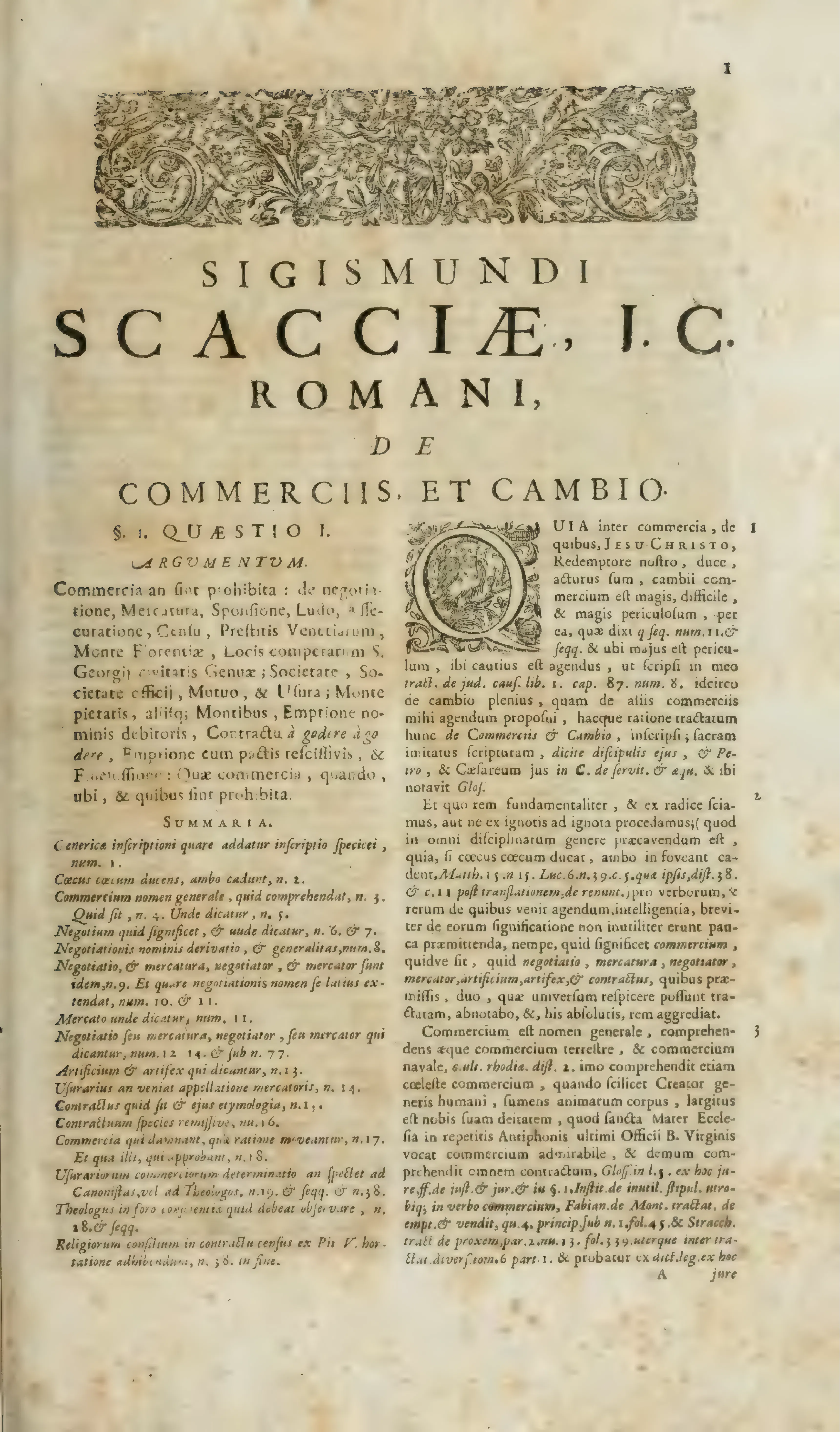 The decorated opening of Quaestio I, with headpiece, ornamental initial, and the treatise's Argumentum.