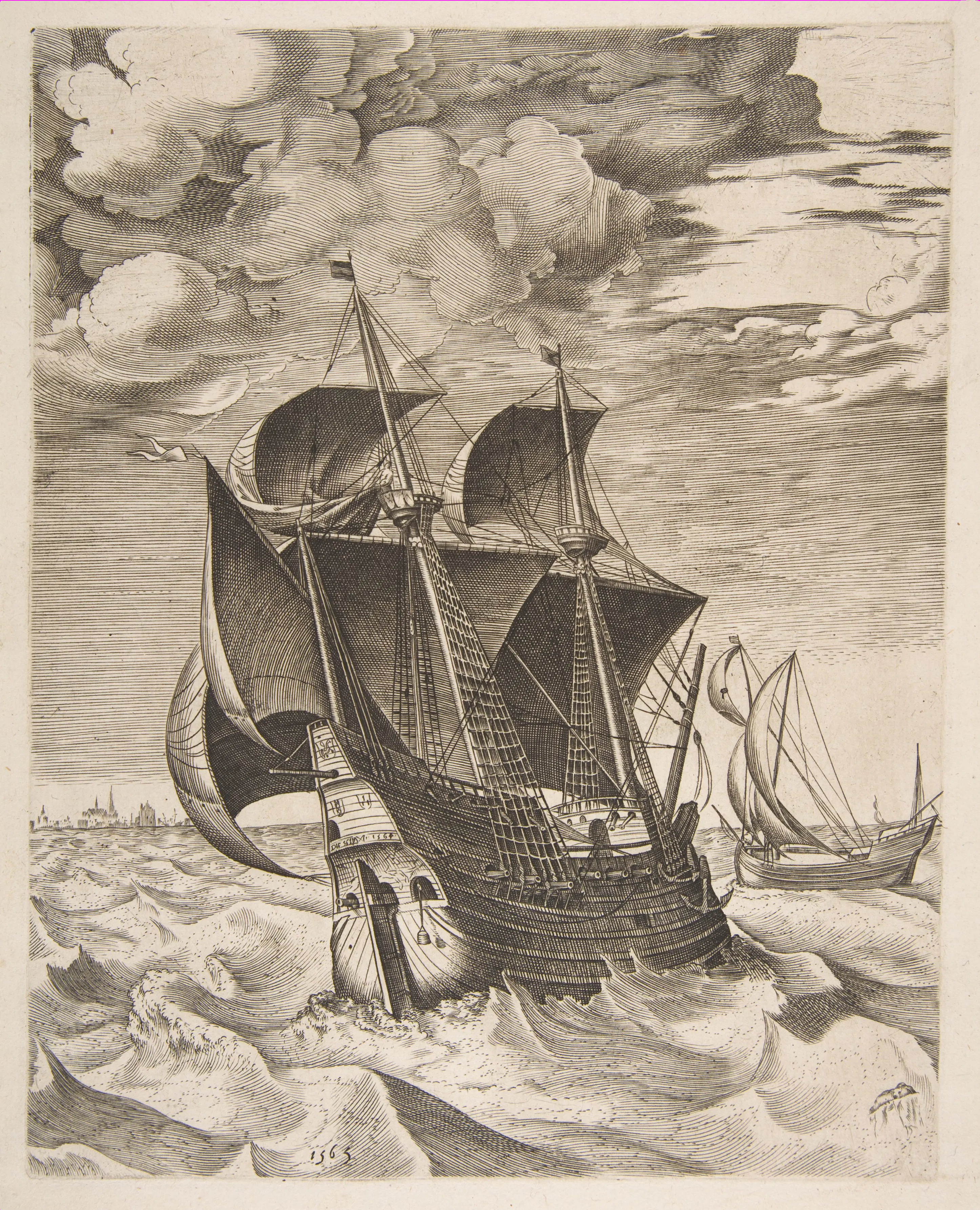 Print of a Dutch hulk and a boeier in rough water.