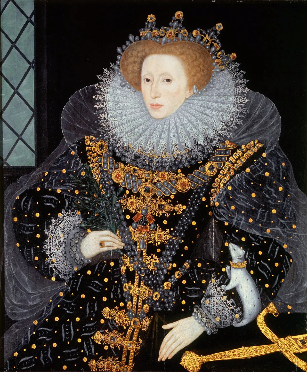 A period portrait of Elizabeth I, presenting the queen in the managed splendour of Tudor royal iconography. Set beside Giannettasio's *dira Elisabetha*, it measures the distance between that self-fashioning and a poem that makes her reign the confessional origin-point of English fireship warfare.