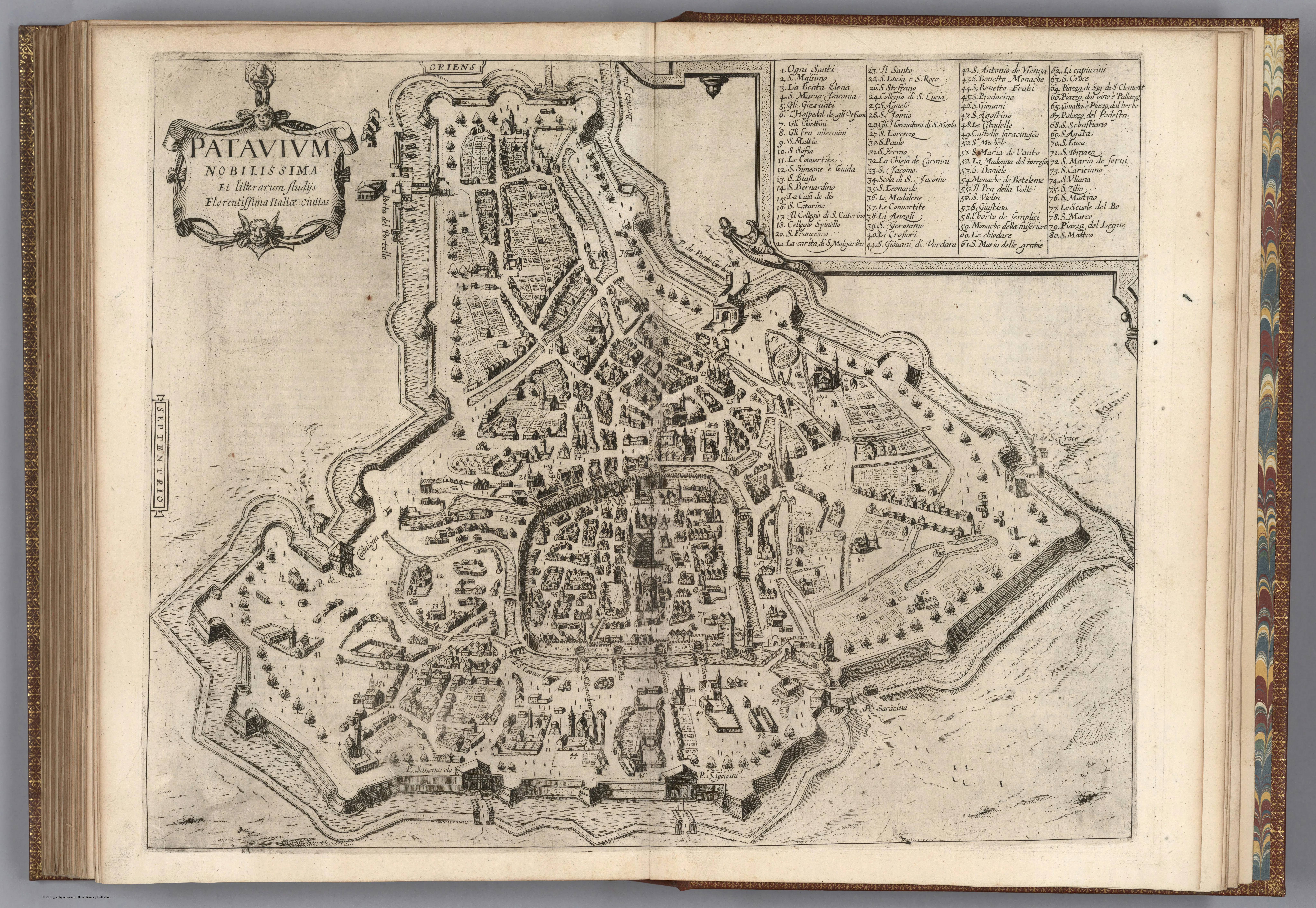 A period city view of Patavium — Padua — giving visible form to the Latin geography behind Poleni's institutional world: a dense university city set among bridges, channels and the cultivated Venetian terraferma.