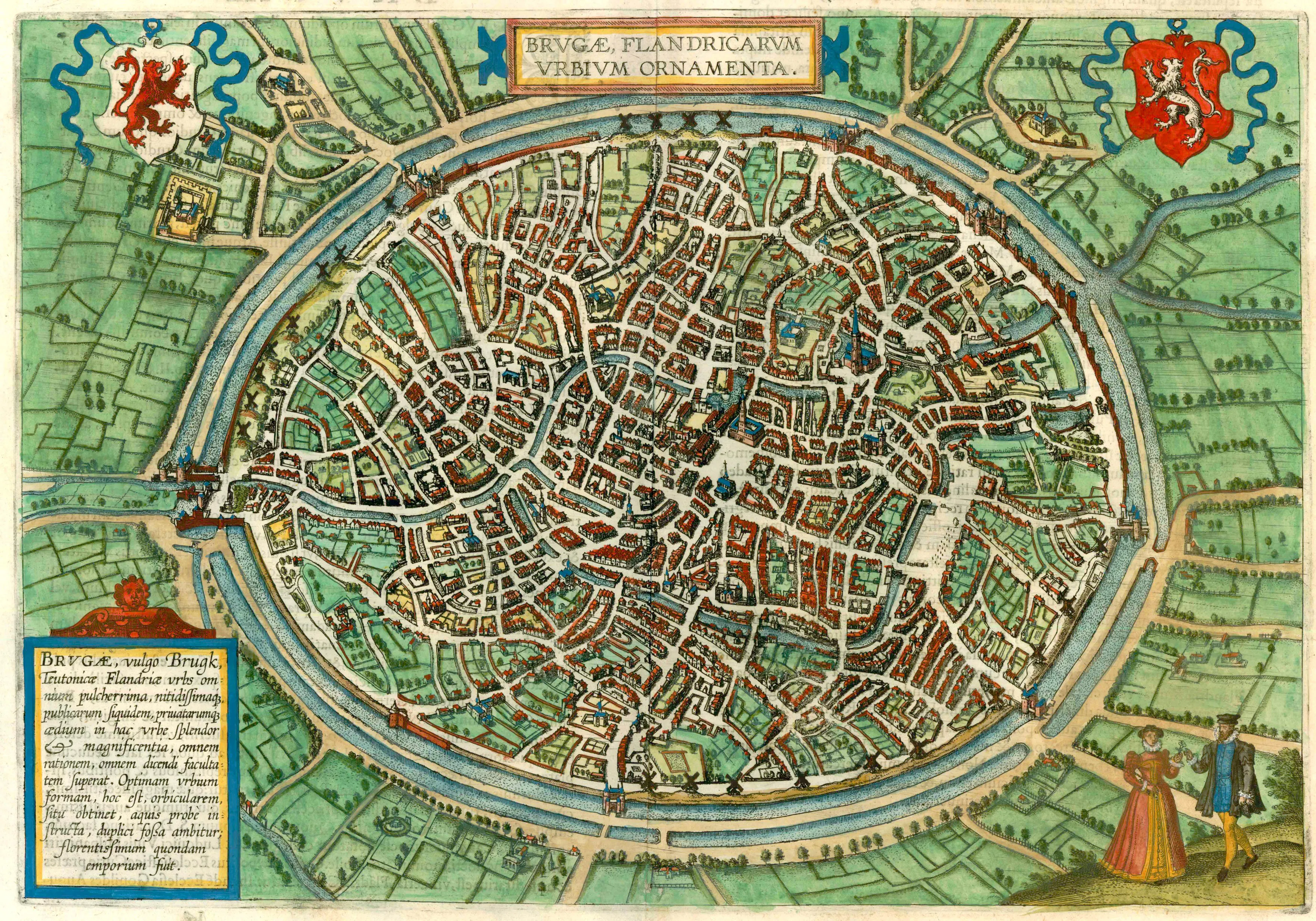 A Braun and Hogenberg–tradition plan of Bruges, printed in 1635, gives the byname Brugensis a setting: the fortified, canal-threaded Flemish city whose antiquarian networks shaped Modius. Contextual rather than evidentiary, it evokes the Low Countries milieu behind the Latin catalogue forms, not the philologist’s own book.