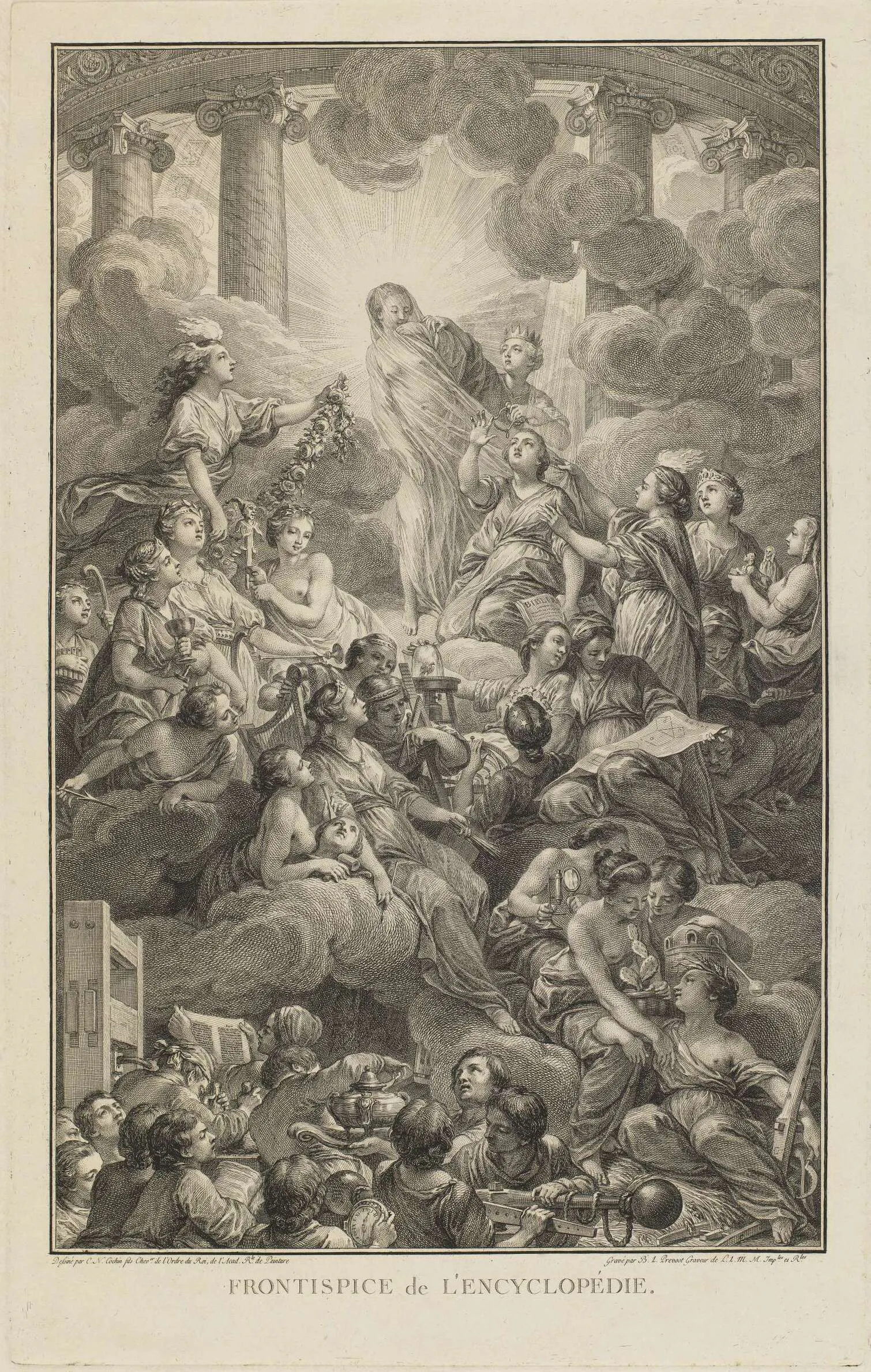 The frontispiece of Diderot and d'Alembert's Encyclopédie, engraved by Bonaventure-Louis Prévost, where Truth stands veiled and radiant beneath an Ionic temple while Reason and Philosophy tear away her veil, with the sciences and arts in ranks below