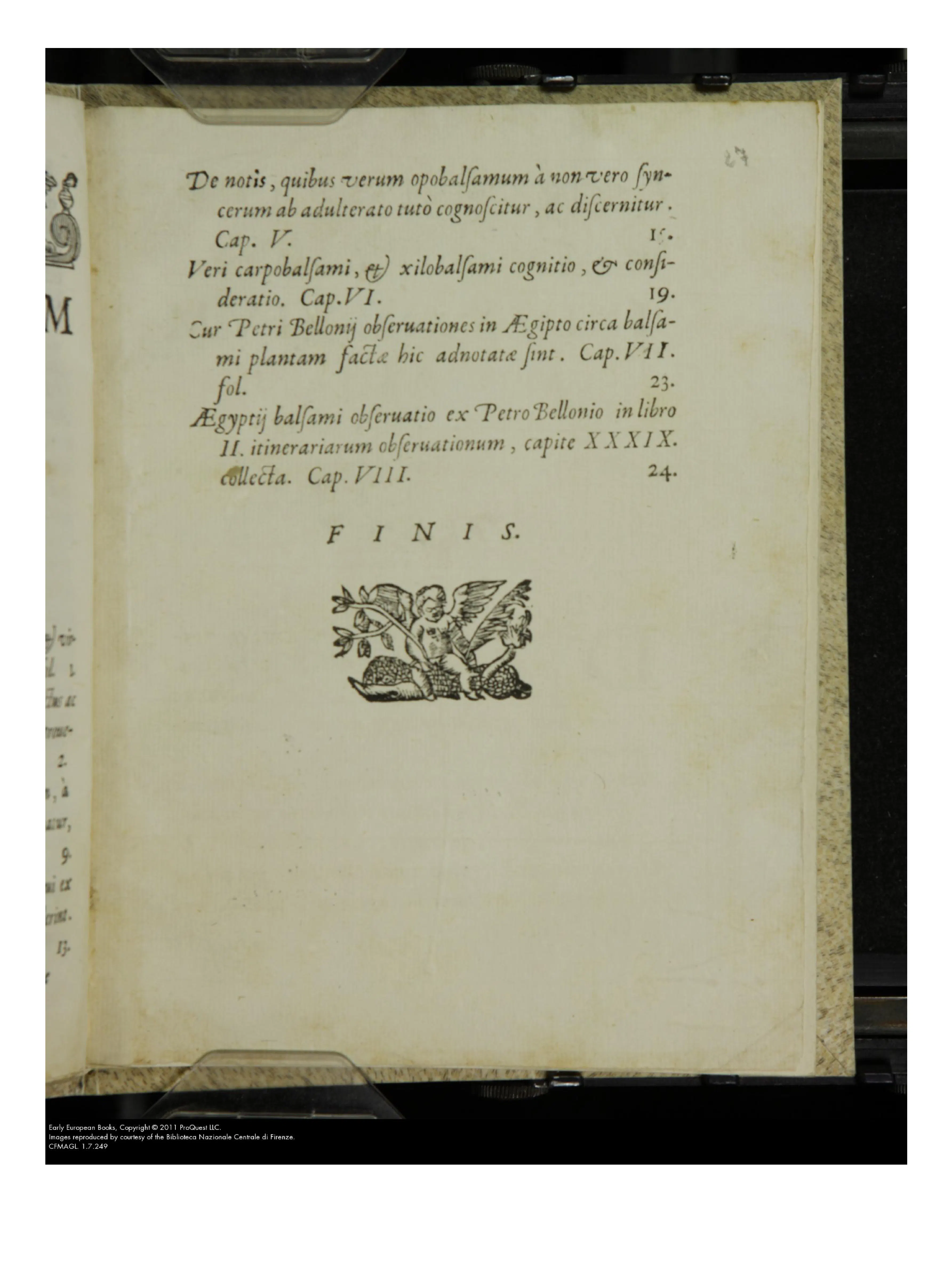 The closing leaf of the chapter index folds Belon's Egyptian observations into the book's eight-part architecture, making appended foreign testimony part of the argument rather than a loose supplement. Beneath FINIS, woodcut putti flanking a balsam-like sprig leave a last reminder that everything turns on authenticating one plant.