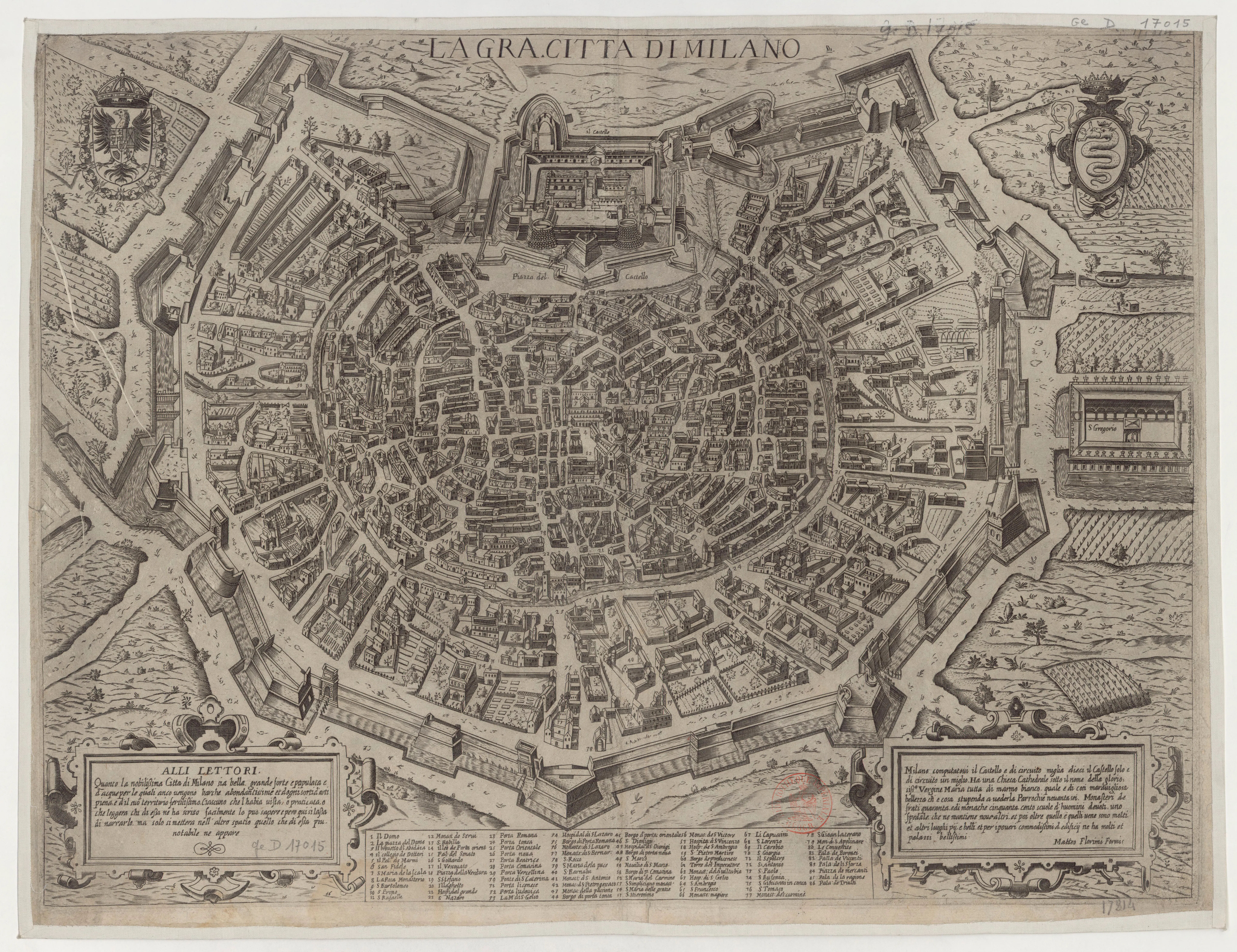 A period printed plan of Milan makes visible the urban field over which Settala's authority ran: the fortified circuit, the Castello Sforzesco, and the Ospedale Maggiore named in the plan's printed key.