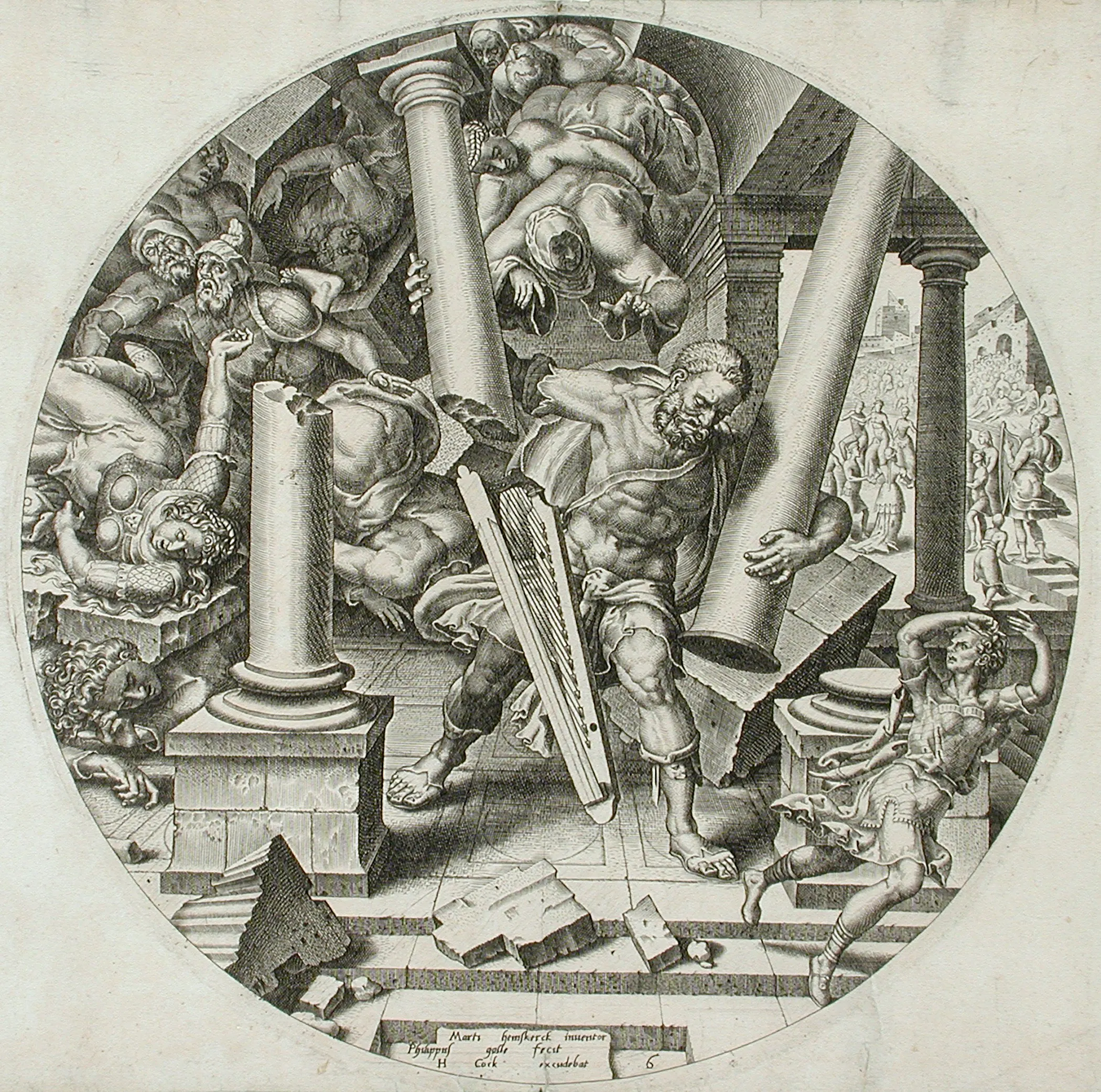 In this sixteenth-century Dutch engraving from the Story of Samson series, the collapsing temple visualizes the self-destructive violence that made Samson the unavoidable test case for Loccenius's discussion of whether a shipmaster might destroy his own vessel rather than surrender. Precisely because the scene presents a divinely exceptional act rather than an ordinary rule of conduct, it sharpens Loccenius's insistence that Samson's precedent cannot license deliberate destruction for a hoped-for good.