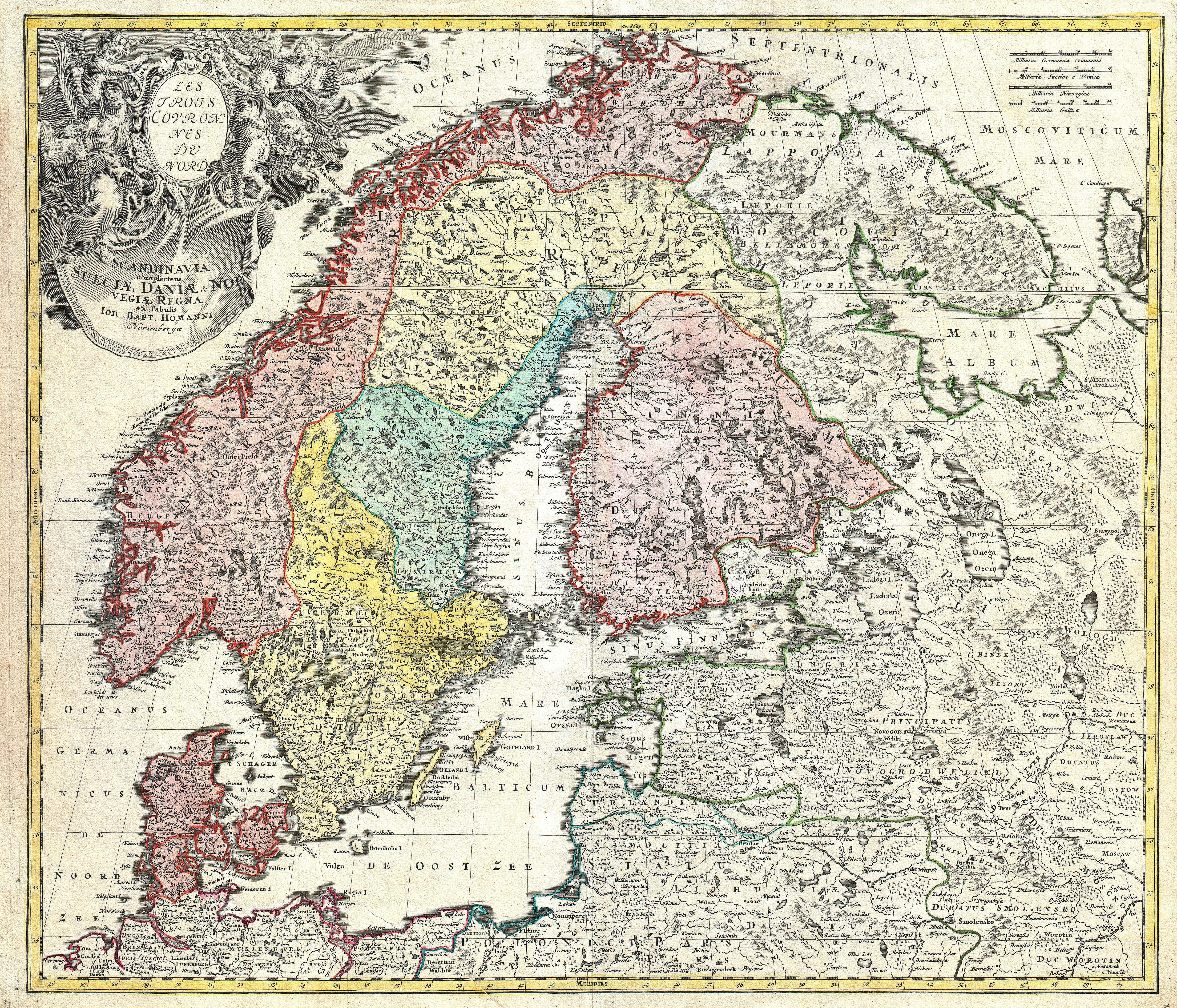 J. B. Homann's c. 1730 engraved map of Scandinavia and the Baltic renders the waters around Sweden, Denmark, Finland, Livonia, and Gotland within a dense network of coasts, settlements, fortified places, and overland routes. As contextual cartography rather than a page from Loccenius's treatise, it visualizes the northern maritime world whose jurisdiction, customs, and claims to dominion framed *De iure maritimo et navali* and its elevation of the Laws of Wisby.