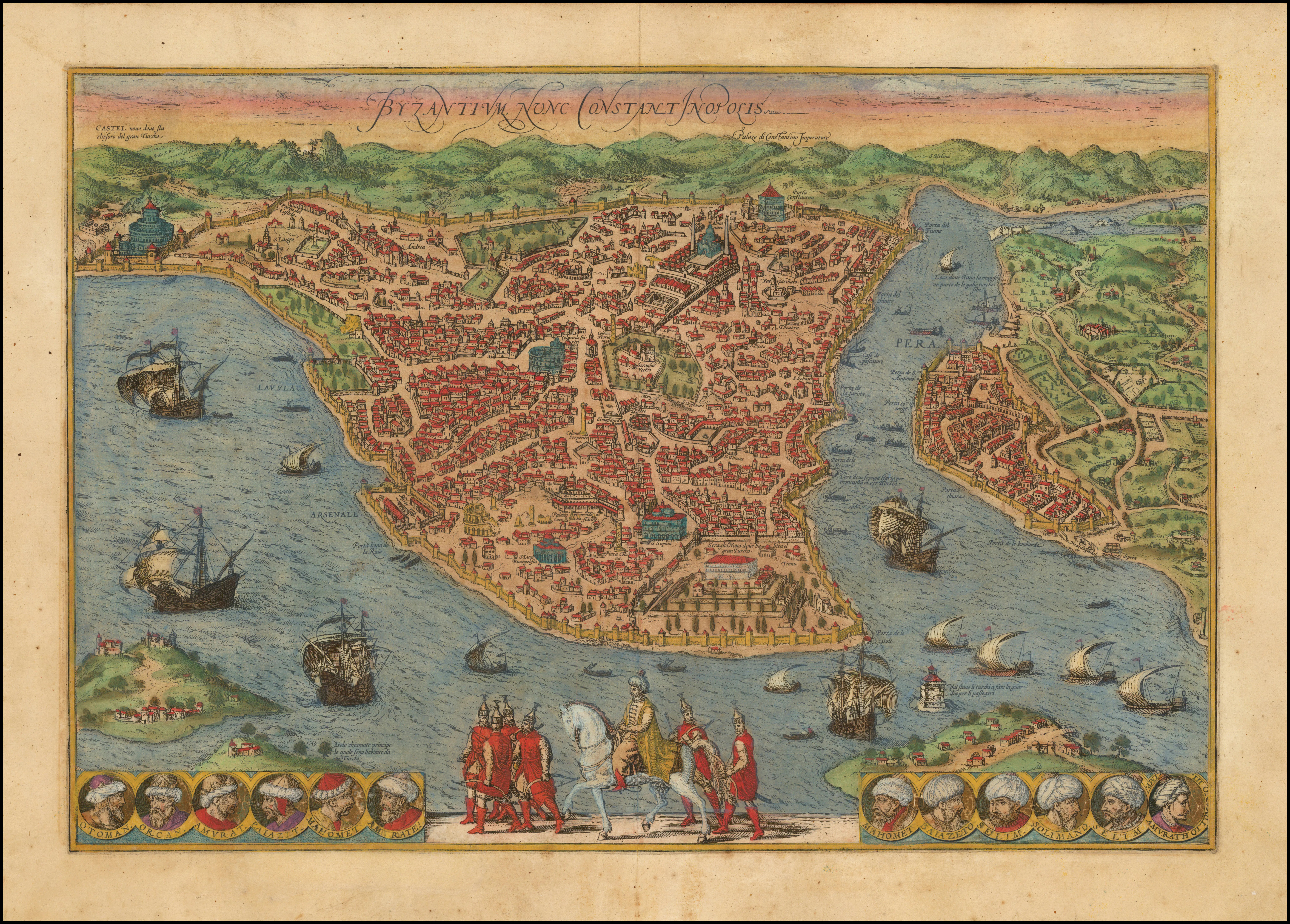 This 1572 bird's-eye view of Constantinople, framed by Ottoman sultan medallions and showing Pera across the Golden Horn, presents the city at the centre of Renaissance humanist crusade writing after 1453.