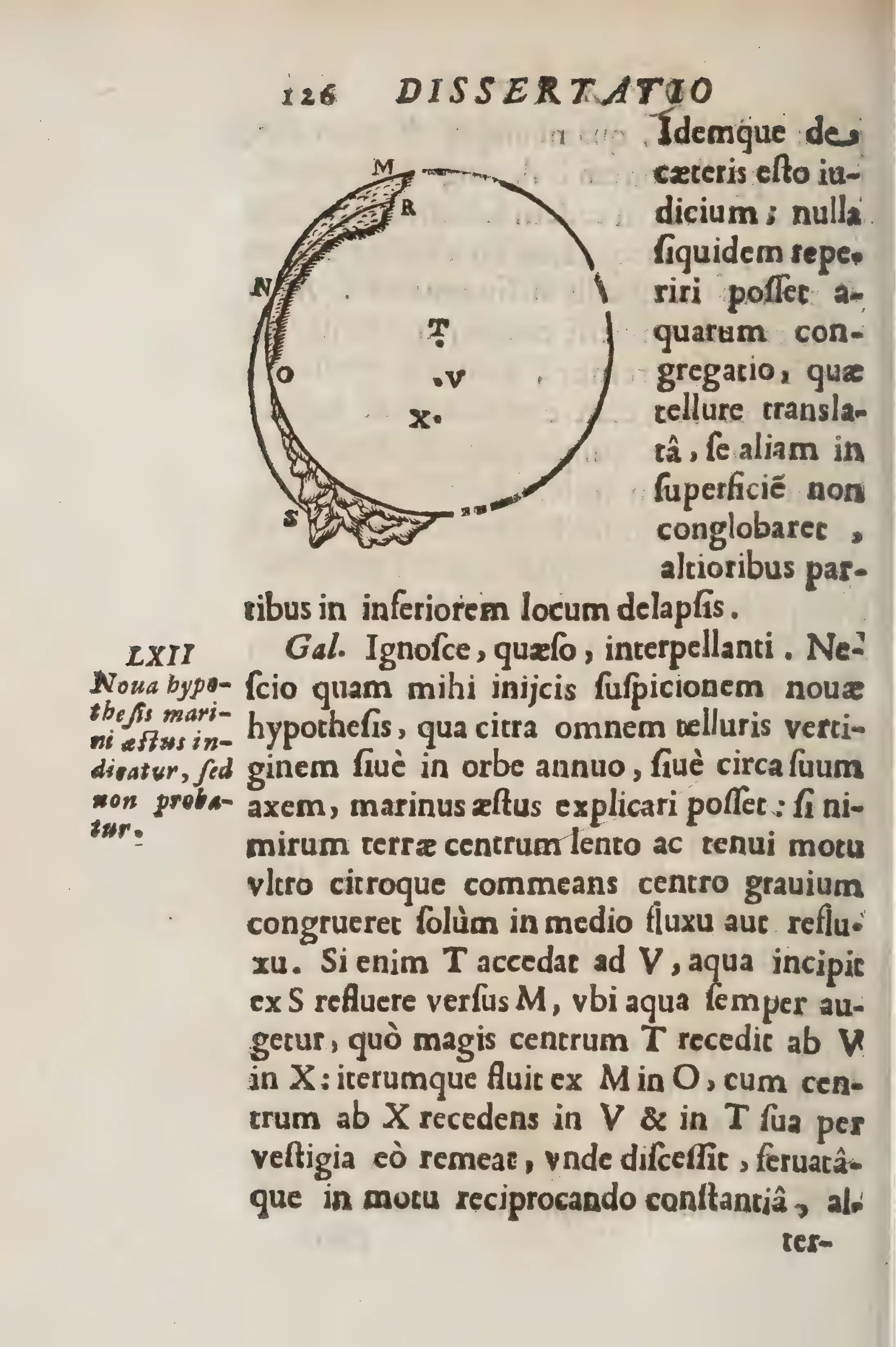 The lettered globe diagram gives visual form to the Galileo persona's geostatic tidal hypothesis: the sea shifts as the Earth's centre oscillates, not because the Earth rotates. A marginal note marking the hypothesis as not proved keeps Galileo in the tidal debate while stripping it of its Copernican force.