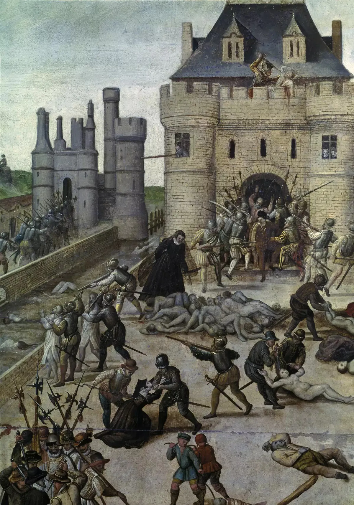 François Dubois's near-contemporary depiction, by a Huguenot painter, gives the annals' compressed "Parisian Matins" an urban scale of bodies, armed men, and public violence. Its crowded civic setting sharpens the strain in Charles IX's edict, where confessional killing is made legible as the punishment of rebels.
