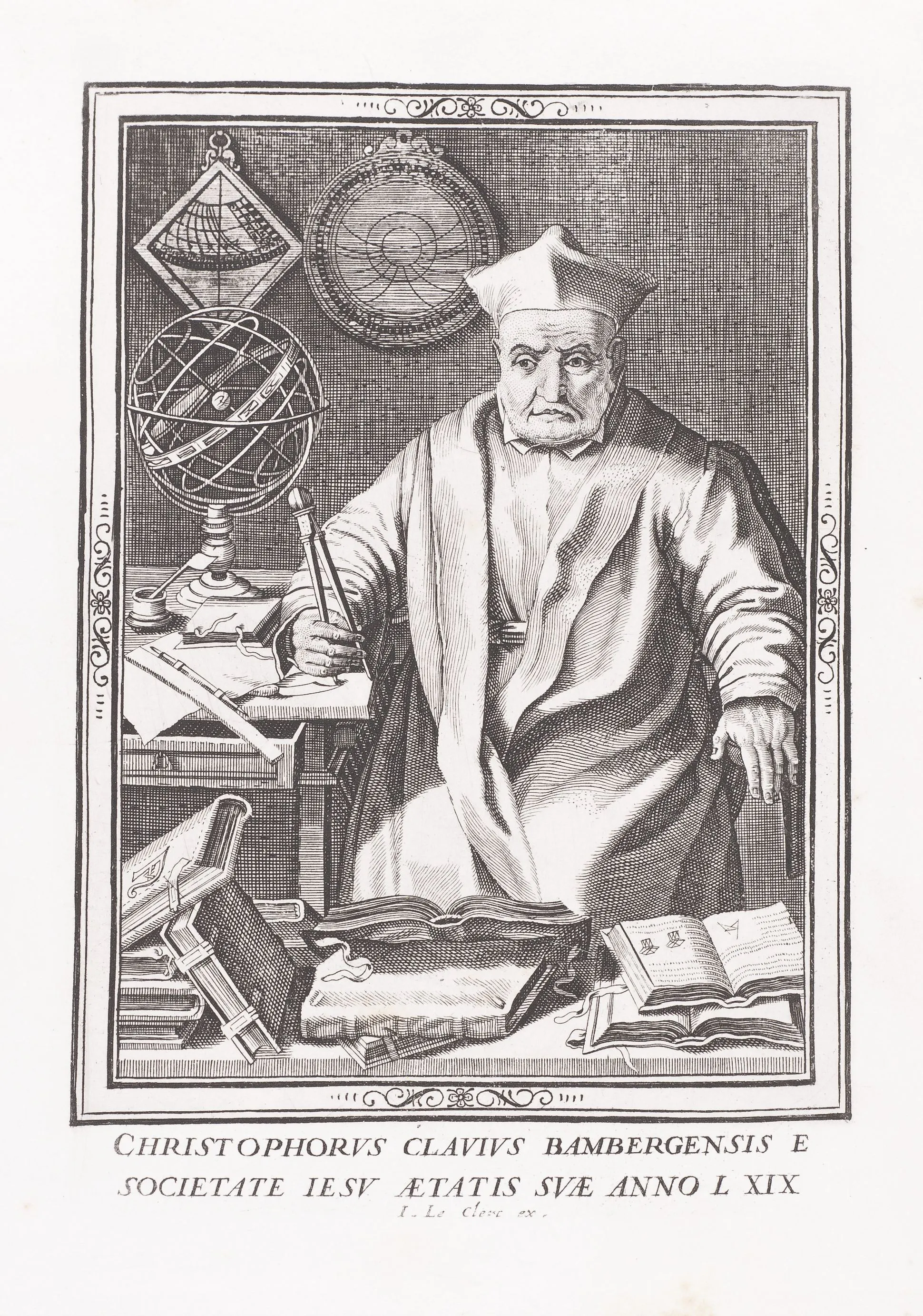 A portrait of the Jesuit mathematician Christophorus Clavius, whose Euclidean authority Scheiner could invoke when translating the pantograph's visible motions into legitimate proportional operations. He appears here as context rather than author: the institutional mathematical tradition within which a mechanical instrument sought credibility.