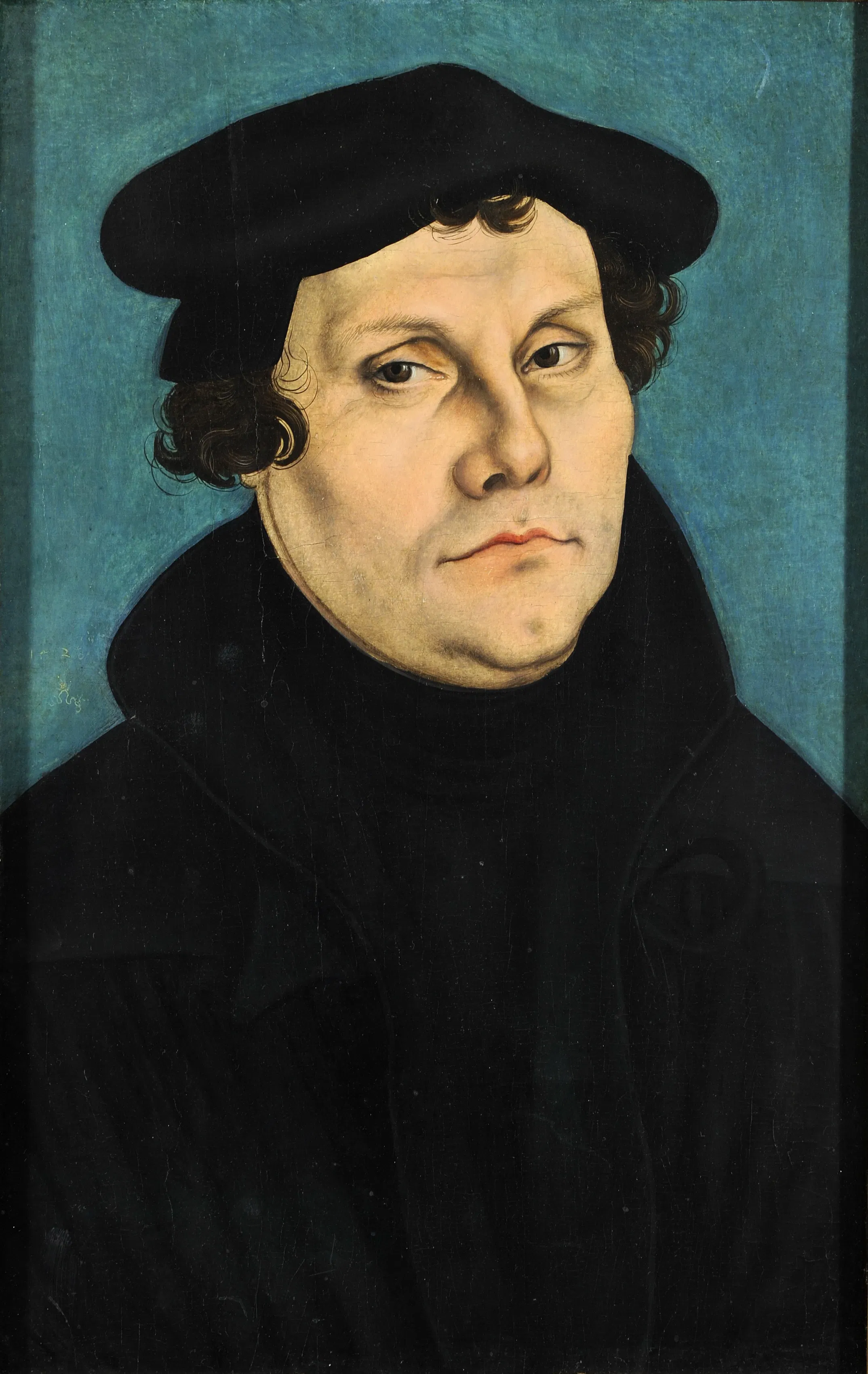 Lucas Cranach the Elder's 1528 portrait of Martin Luther, an image of the kind that helped fix the reformer as a recognizable confessional authority. In Melander's exempla that authority is refracted through jokes about labels — Lutheran, Martinist, papistical, Zwinglian — where confessional identity becomes a test of discernment and misrecognition.